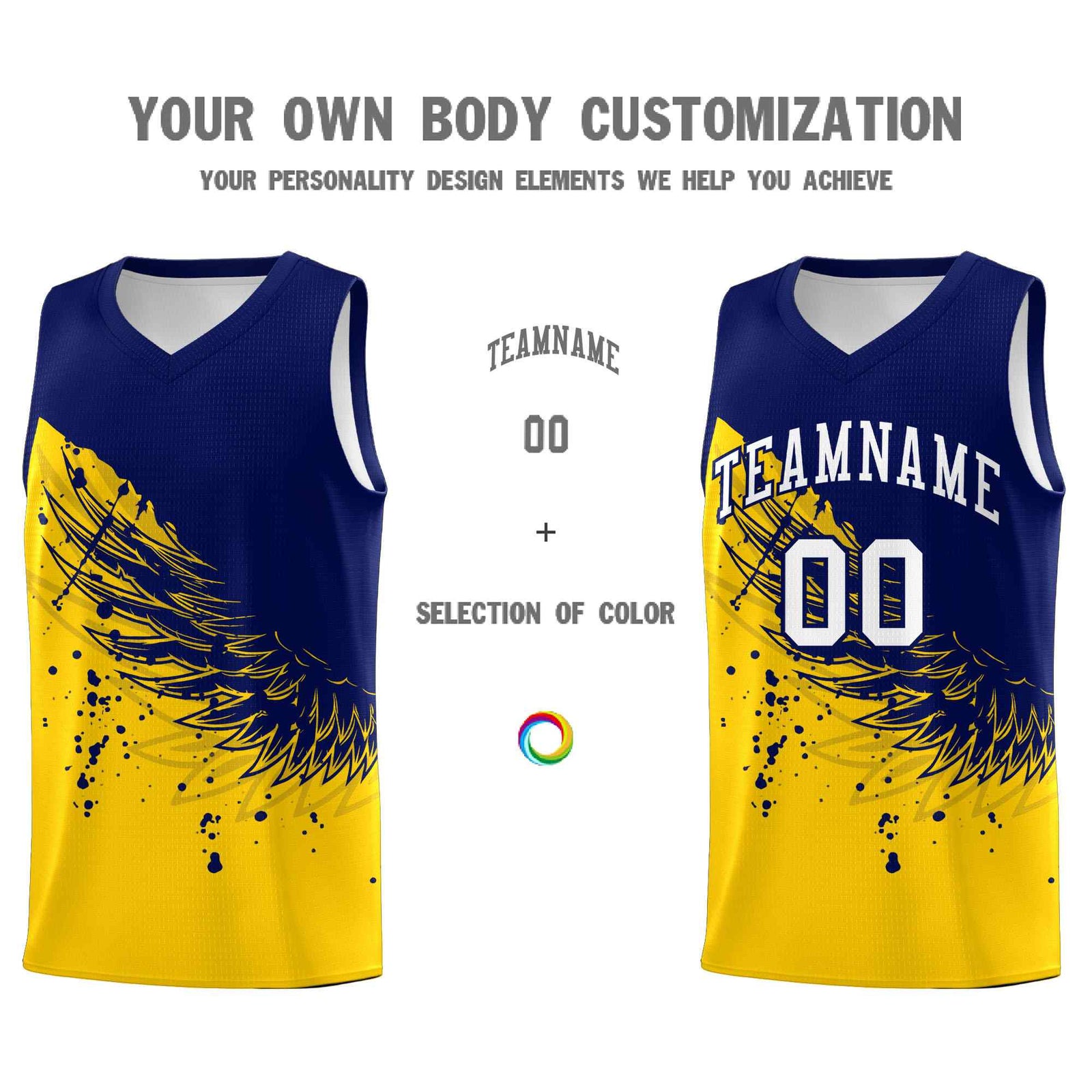 Custom Gold Navy Wing Pattern Sports Uniform Basketball Jersey