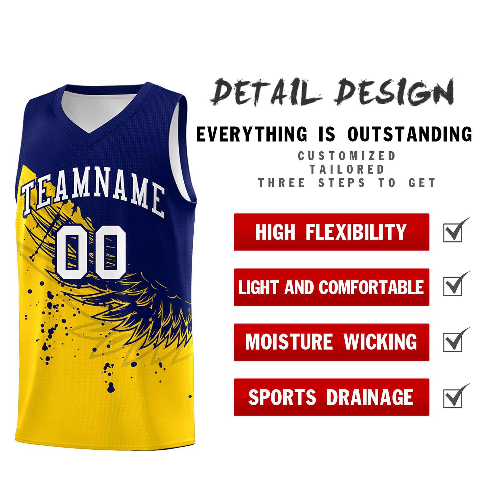 Custom Gold Navy Wing Pattern Sports Uniform Basketball Jersey