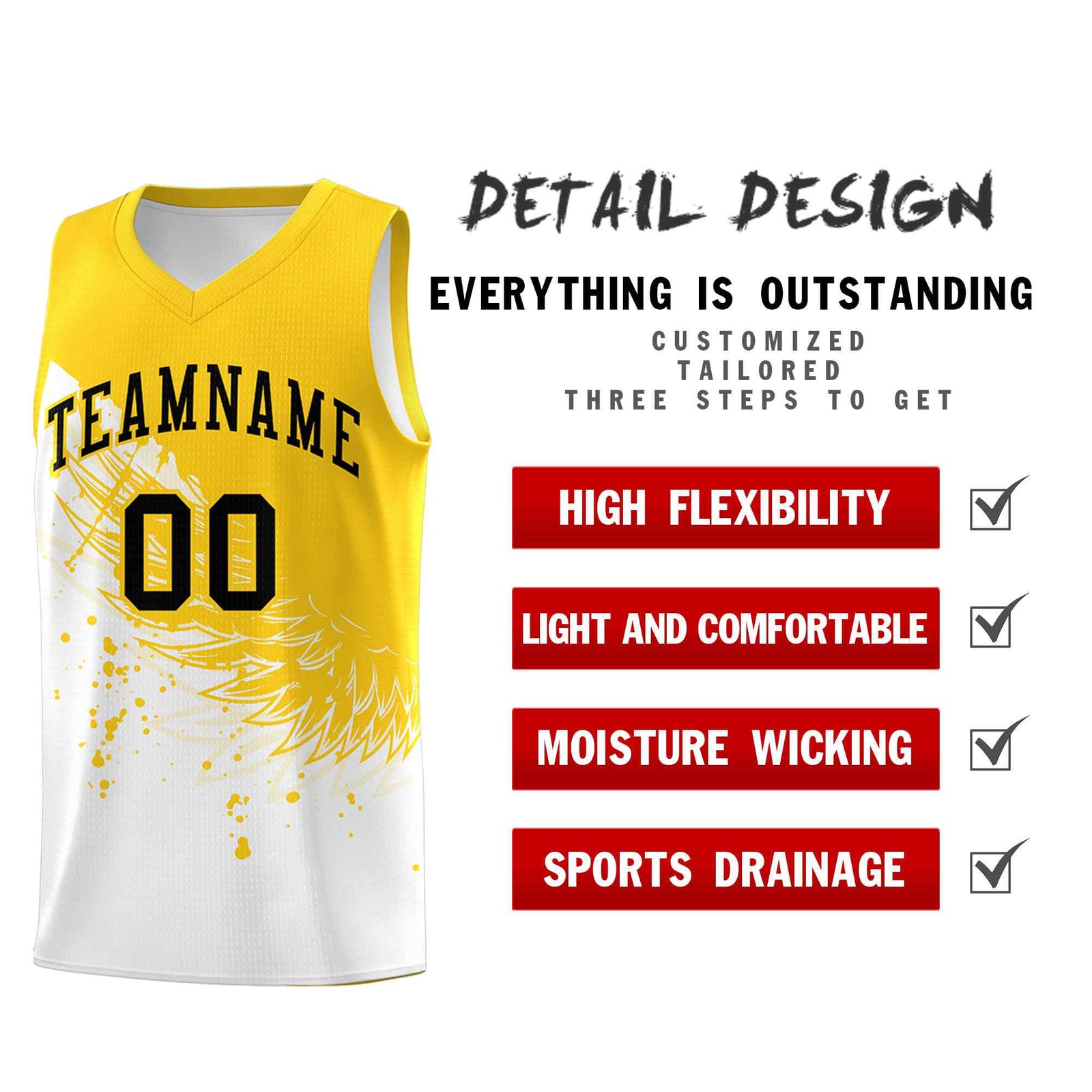 Custom White Gold Wing Pattern Sports Uniform Basketball Jersey