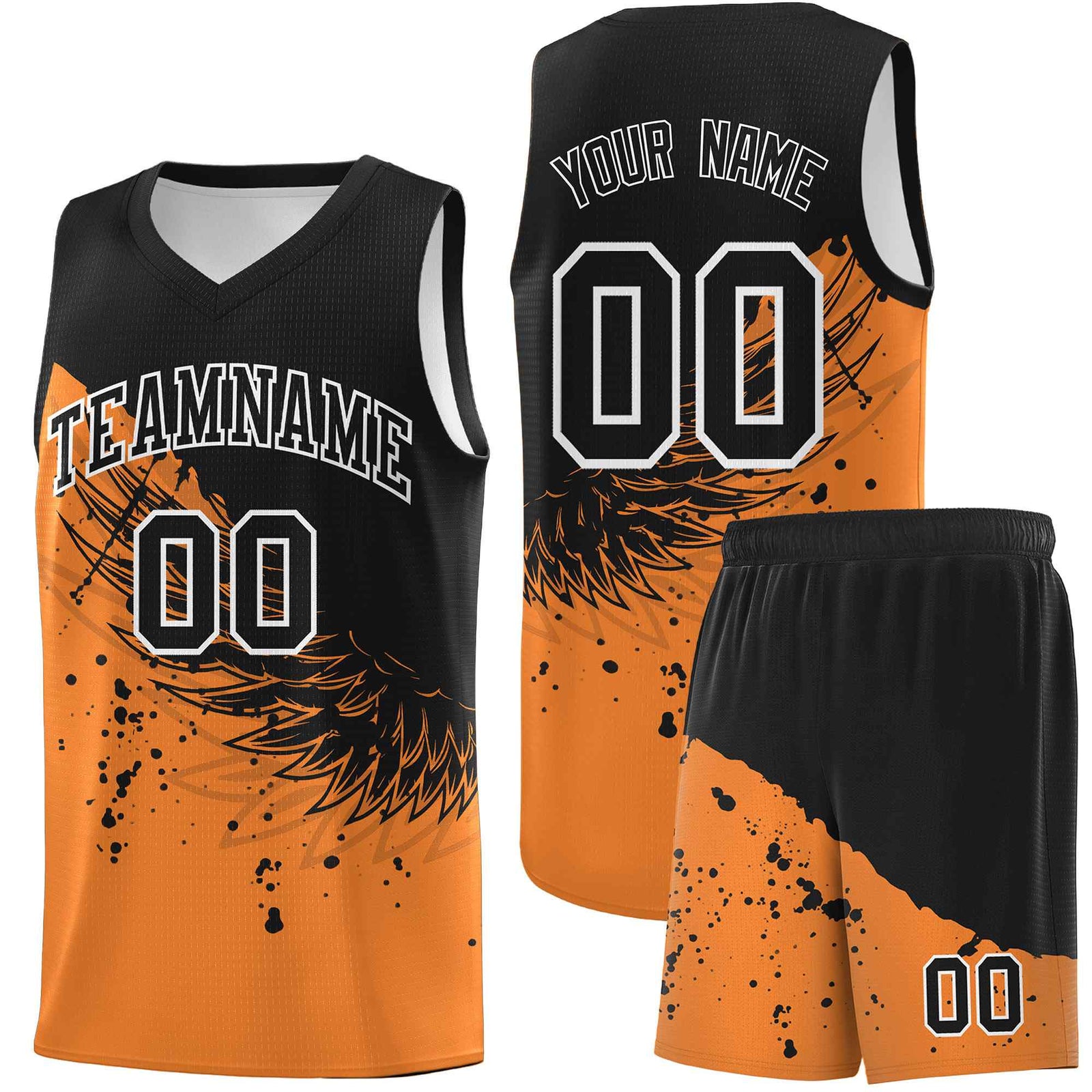 Custom Gold Orange Black Wing Pattern Sports Uniform Basketball Jersey