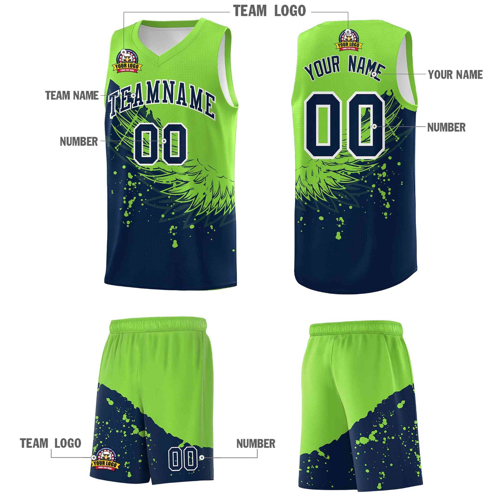 Custom Navy Fluorescent Green Wing Pattern Sports Uniform Basketball Jersey