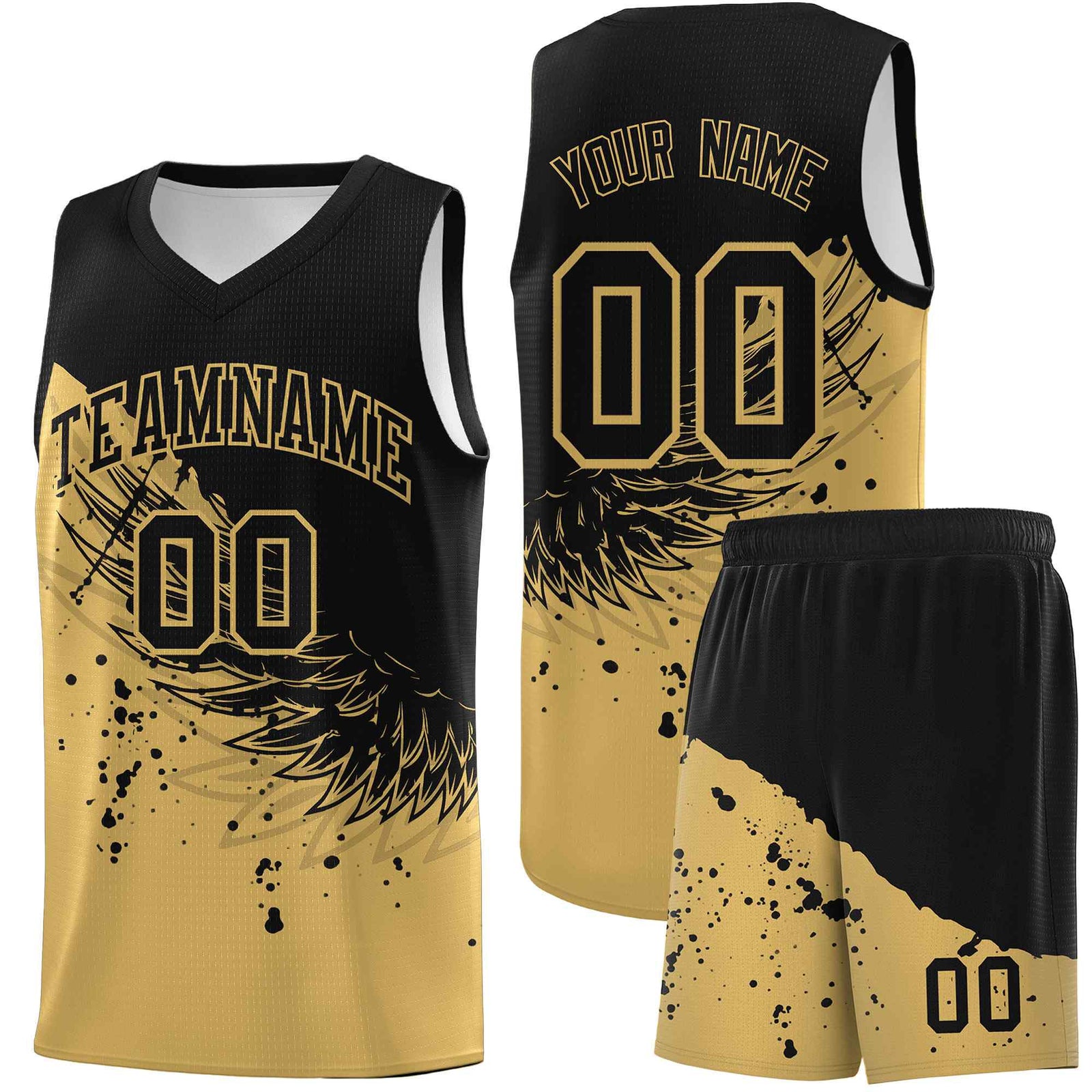 Custom Old Gold Black Wing Pattern Sports Uniform Basketball Jersey