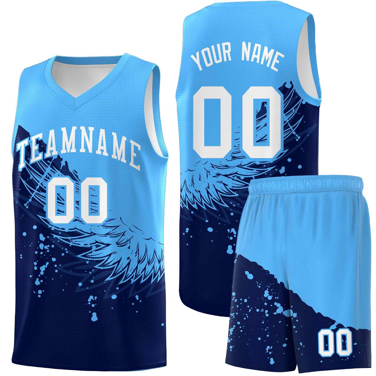 Custom Navy Powder Blue Wing Pattern Sports Uniform Basketball Jersey