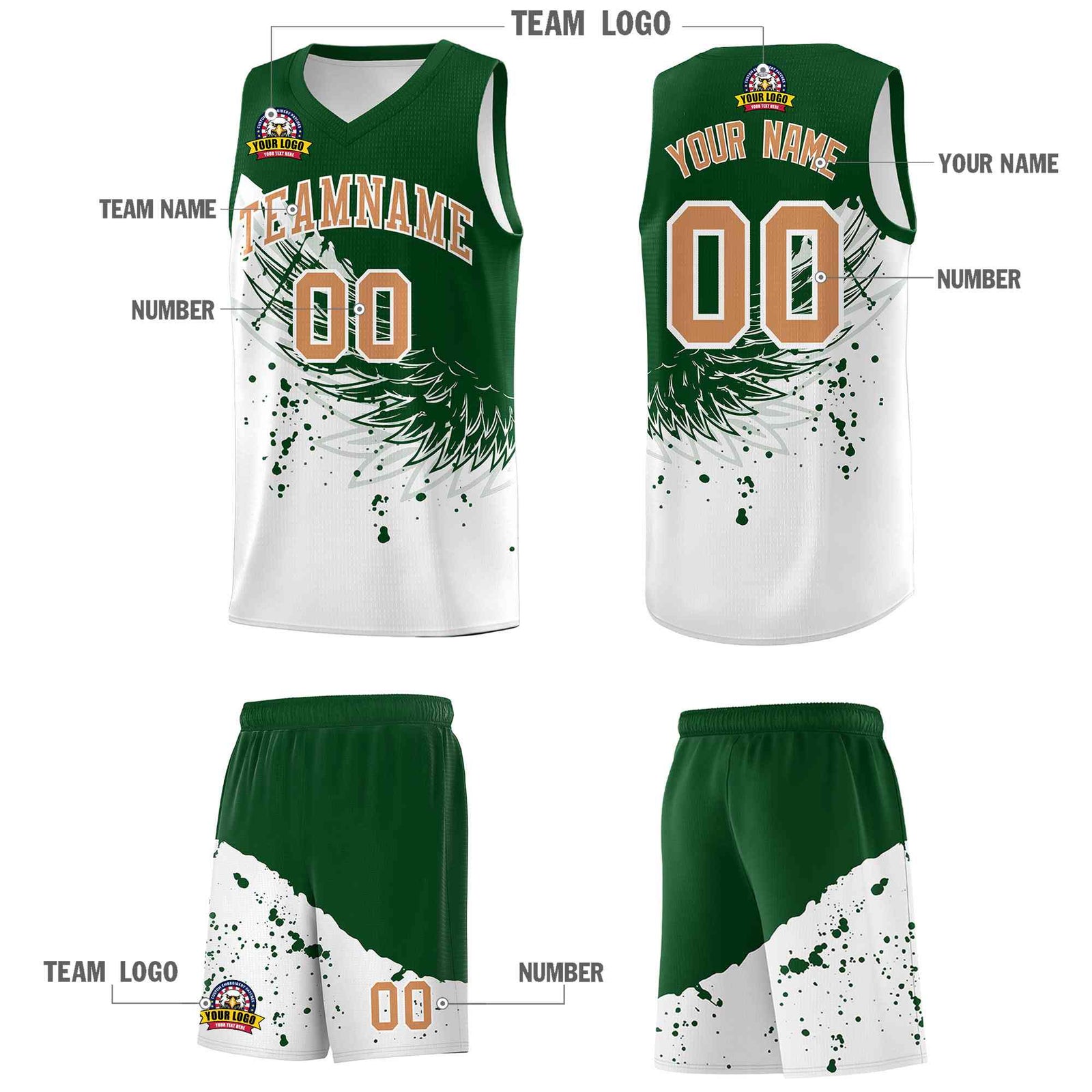 Custom White Green Wing Pattern Sports Uniform Basketball Jersey
