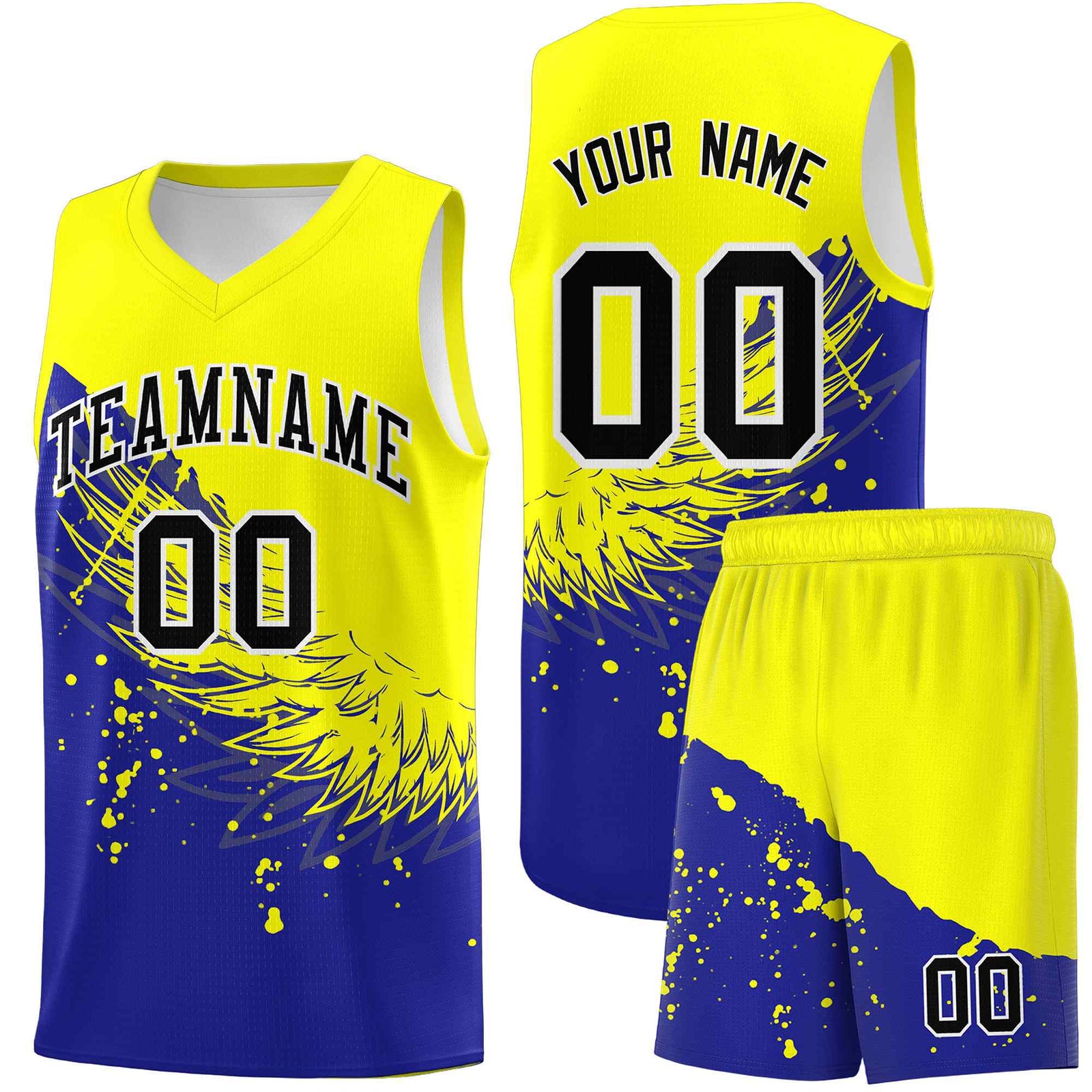 Custom Royal Fluorescent Yellow Wing Pattern Sports Uniform Basketball Jersey