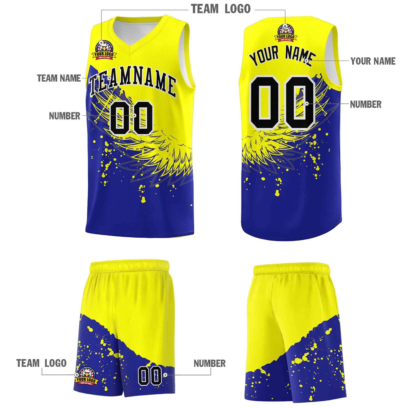 Custom Royal Fluorescent Yellow Wing Pattern Sports Uniform Basketball Jersey