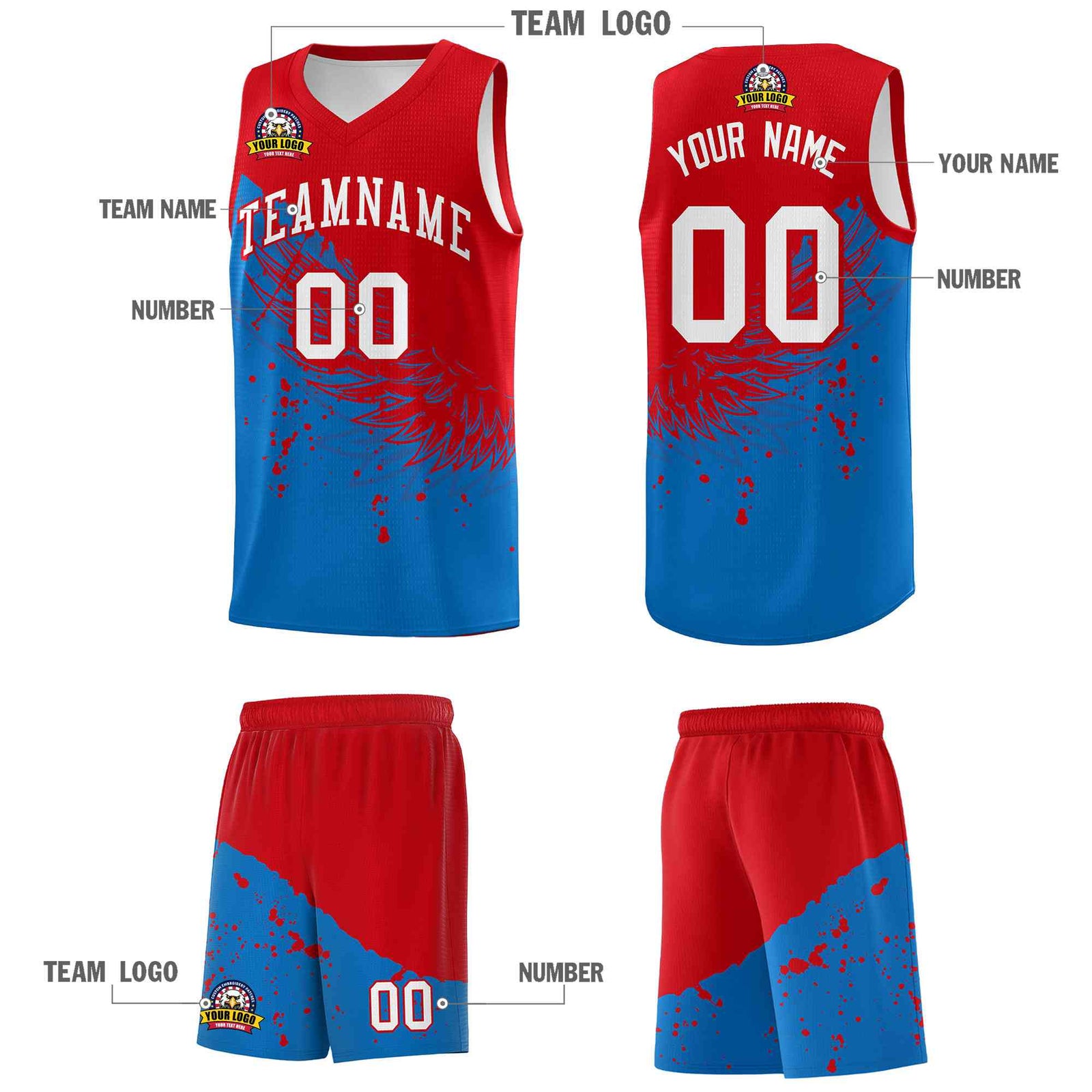 Custom Royal Red Wing Pattern Sports Uniform Basketball Jersey