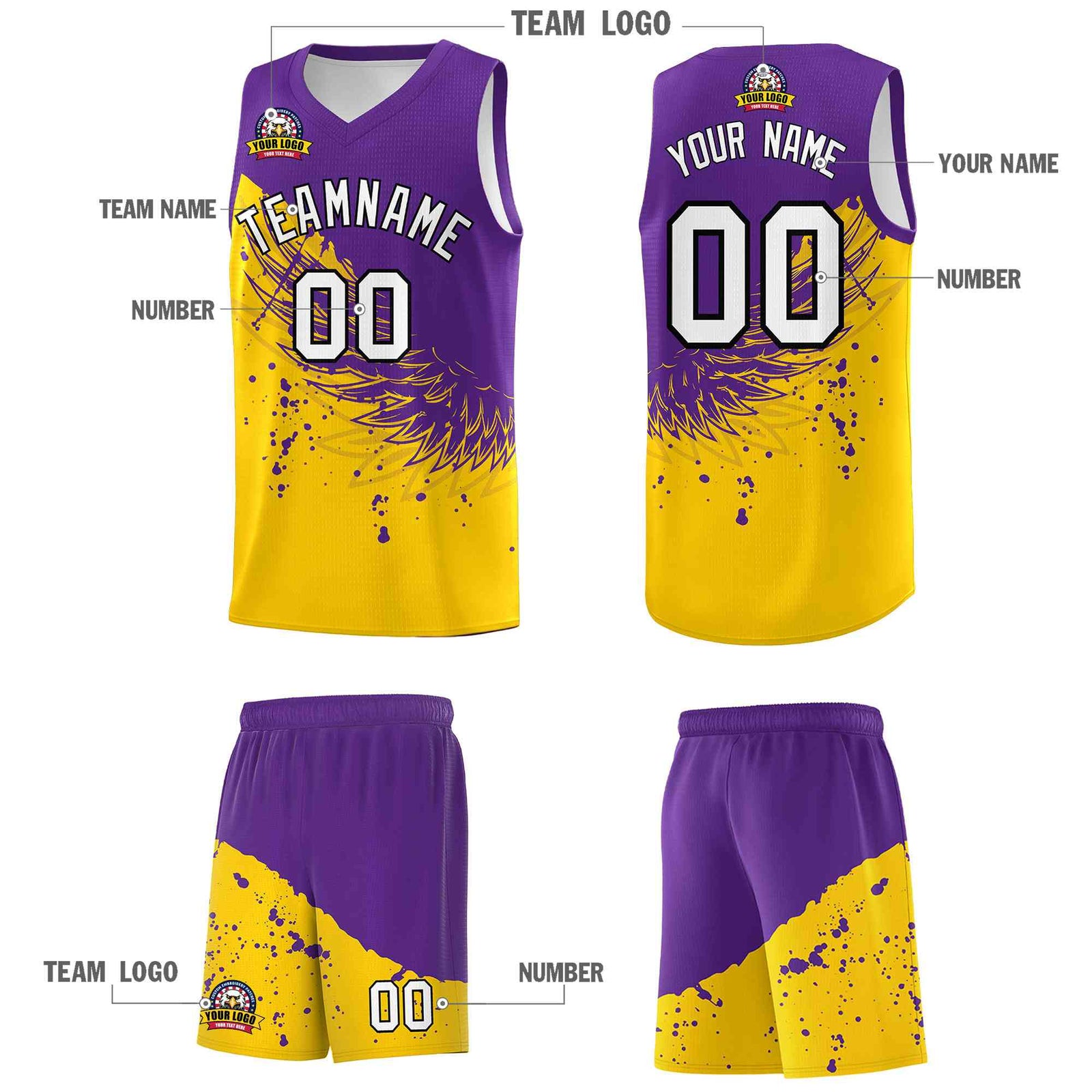 Custom Gold Purple Wing Pattern Sports Uniform Basketball Jersey