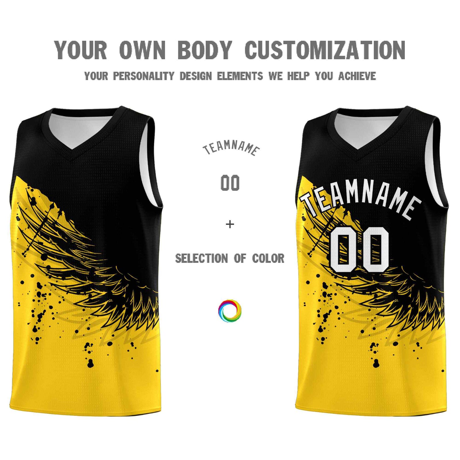 Custom Gold Black Wing Pattern Sports Uniform Basketball Jersey