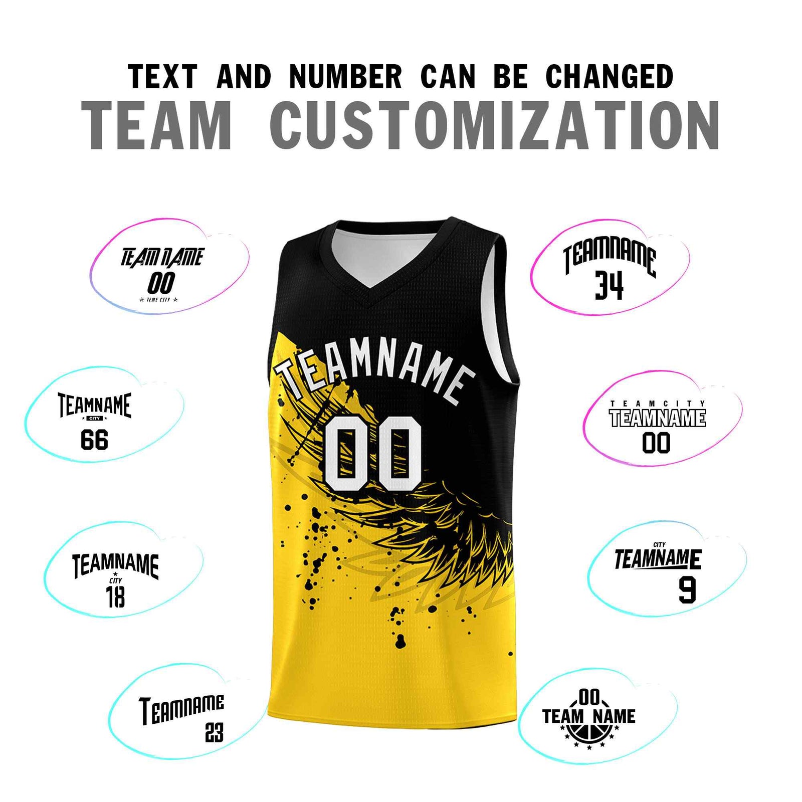 Custom Gold Black Wing Pattern Sports Uniform Basketball Jersey