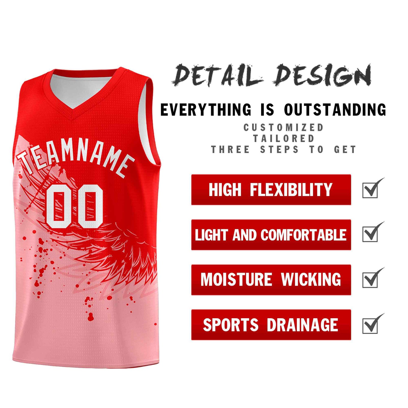 Custom Light Pink Light Red Wing Pattern Sports Uniform Basketball Jersey