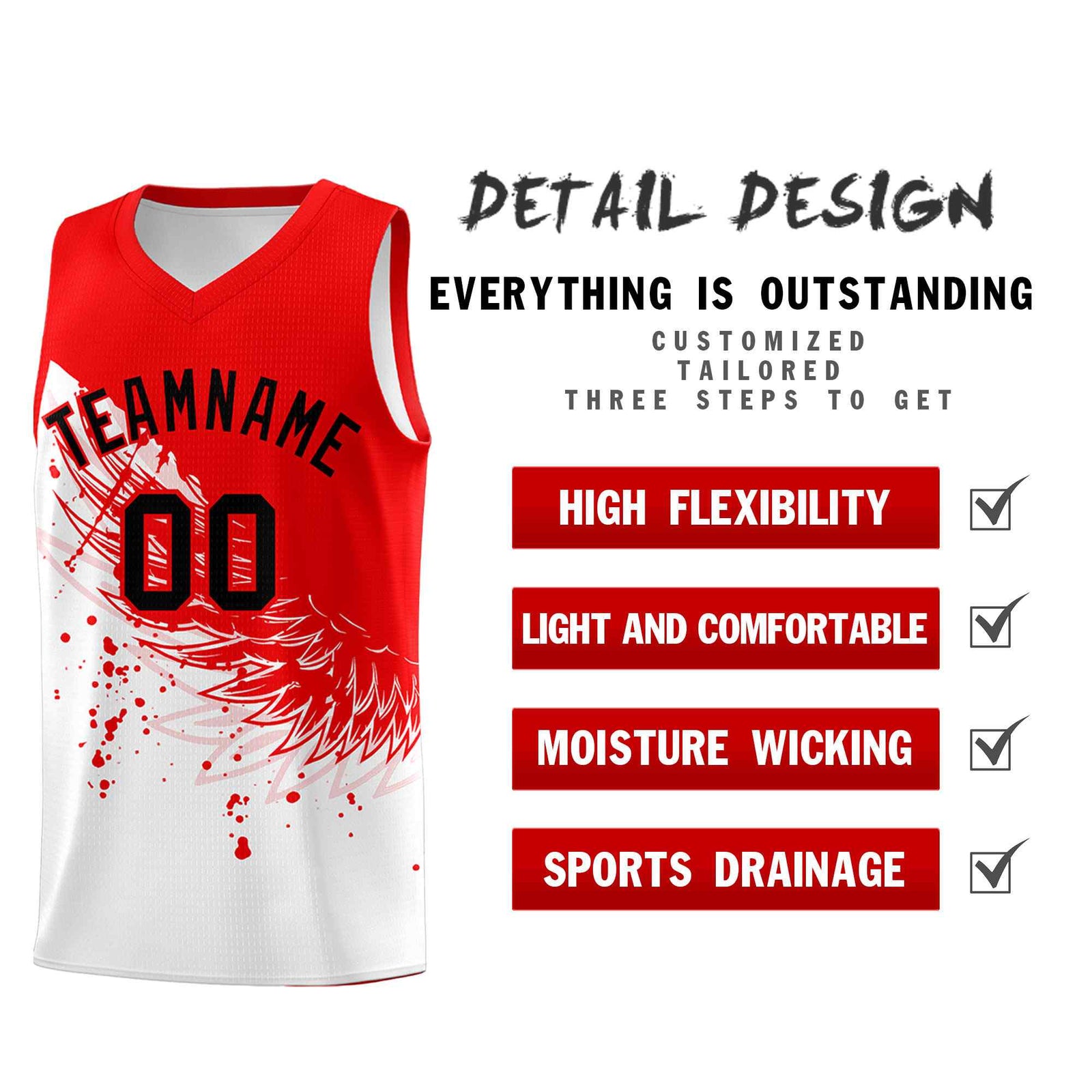 Custom White Light Red Wing Pattern Sports Uniform Basketball Jersey