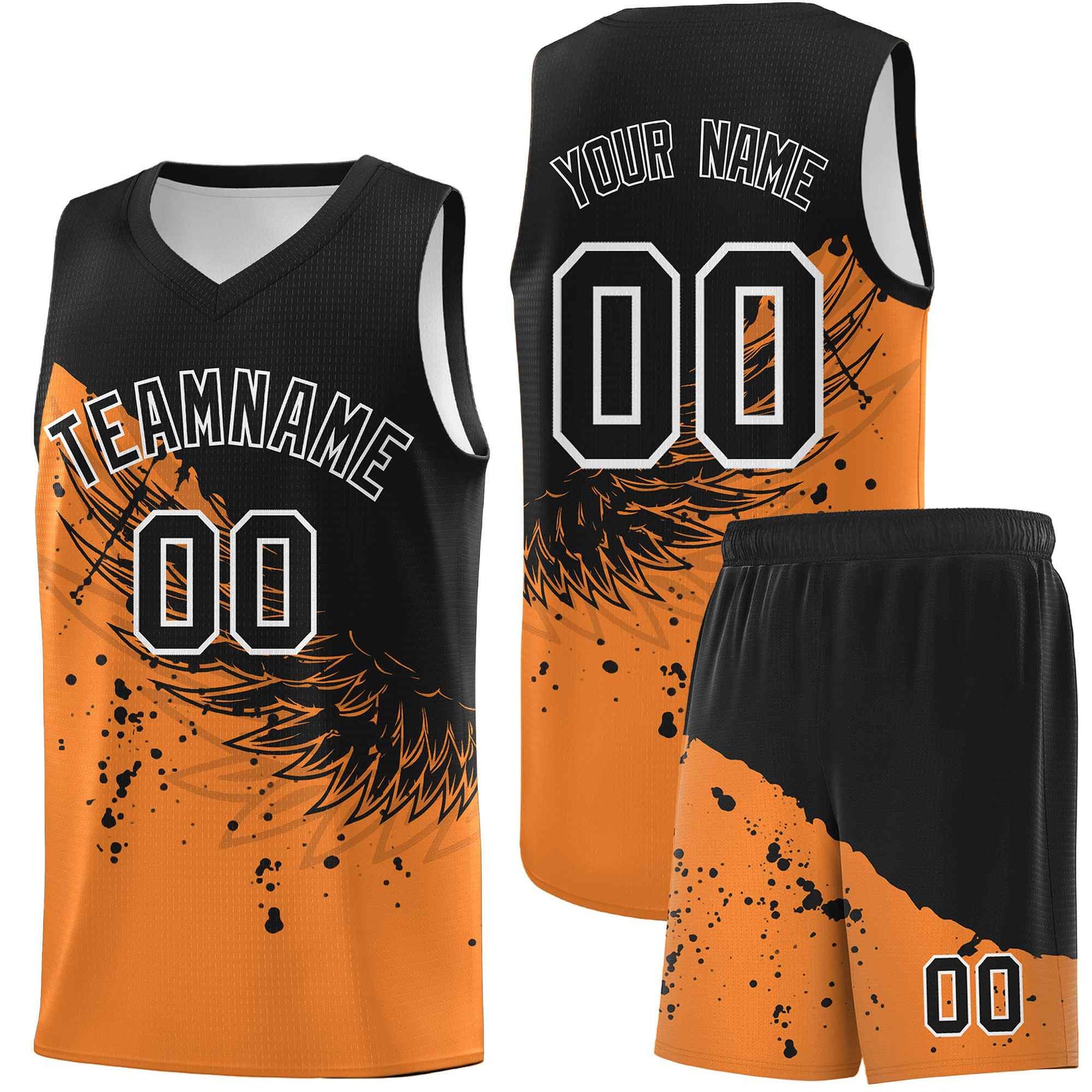 Custom Gold Orange Black Wing Pattern Sports Uniform Basketball Jersey