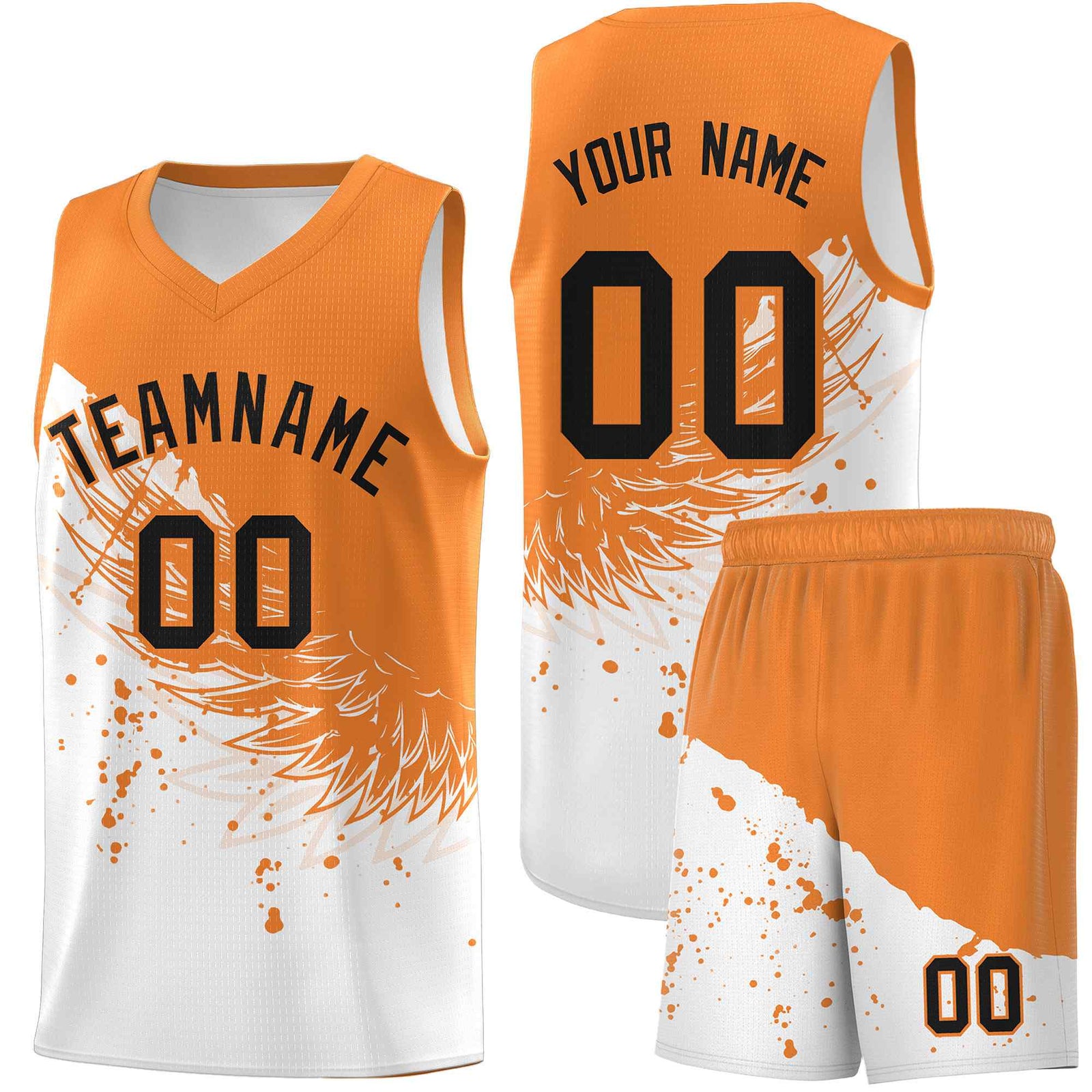 Custom White Gold Orange Wing Pattern Sports Uniform Basketball Jersey