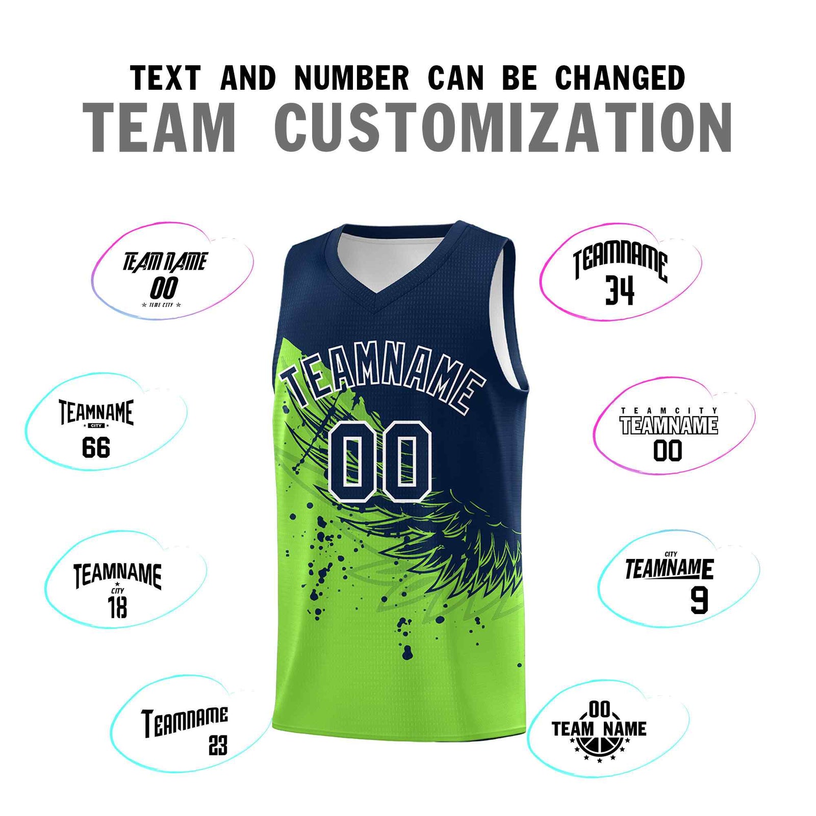 Custom Fluorescent Green Navy Wing Pattern Sports Uniform Basketball Jersey