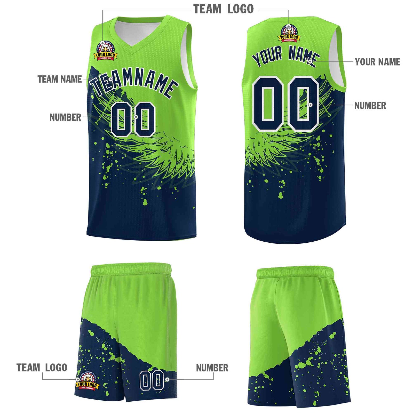 Custom Navy Fluorescent Green Wing Pattern Sports Uniform Basketball Jersey