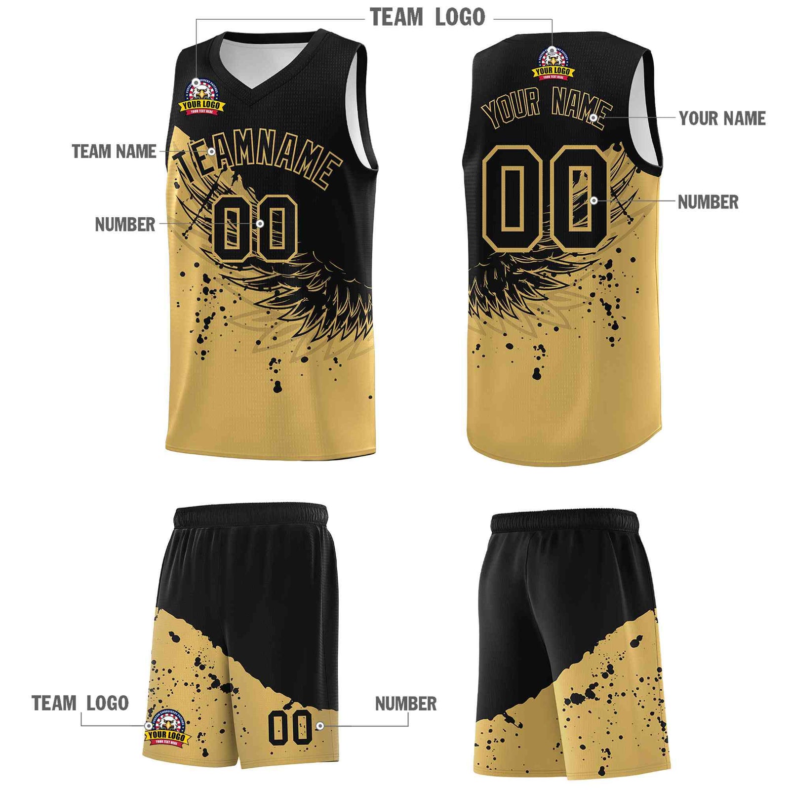 Custom Old Gold Black Wing Pattern Sports Uniform Basketball Jersey