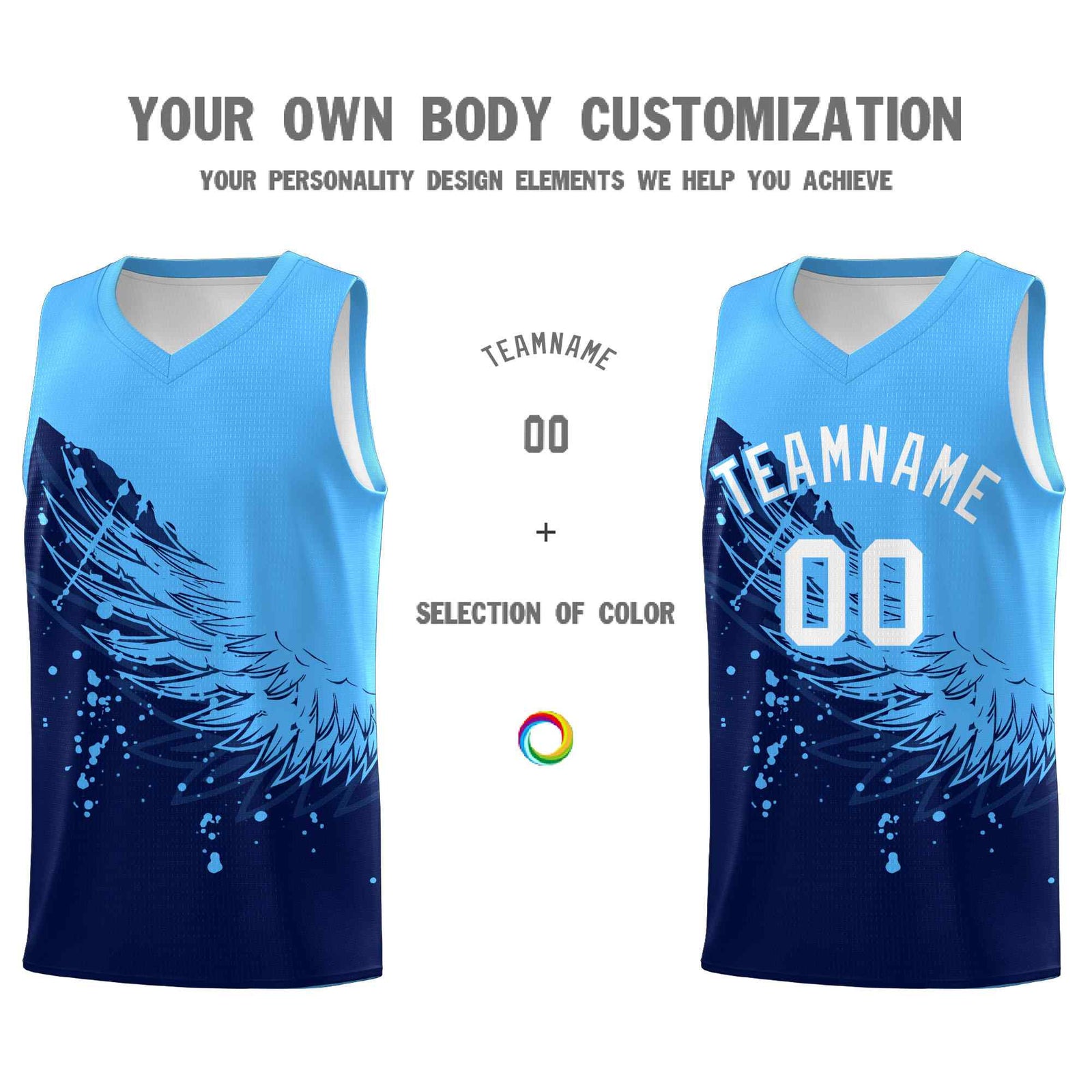 Custom Navy Powder Blue Wing Pattern Sports Uniform Basketball Jersey