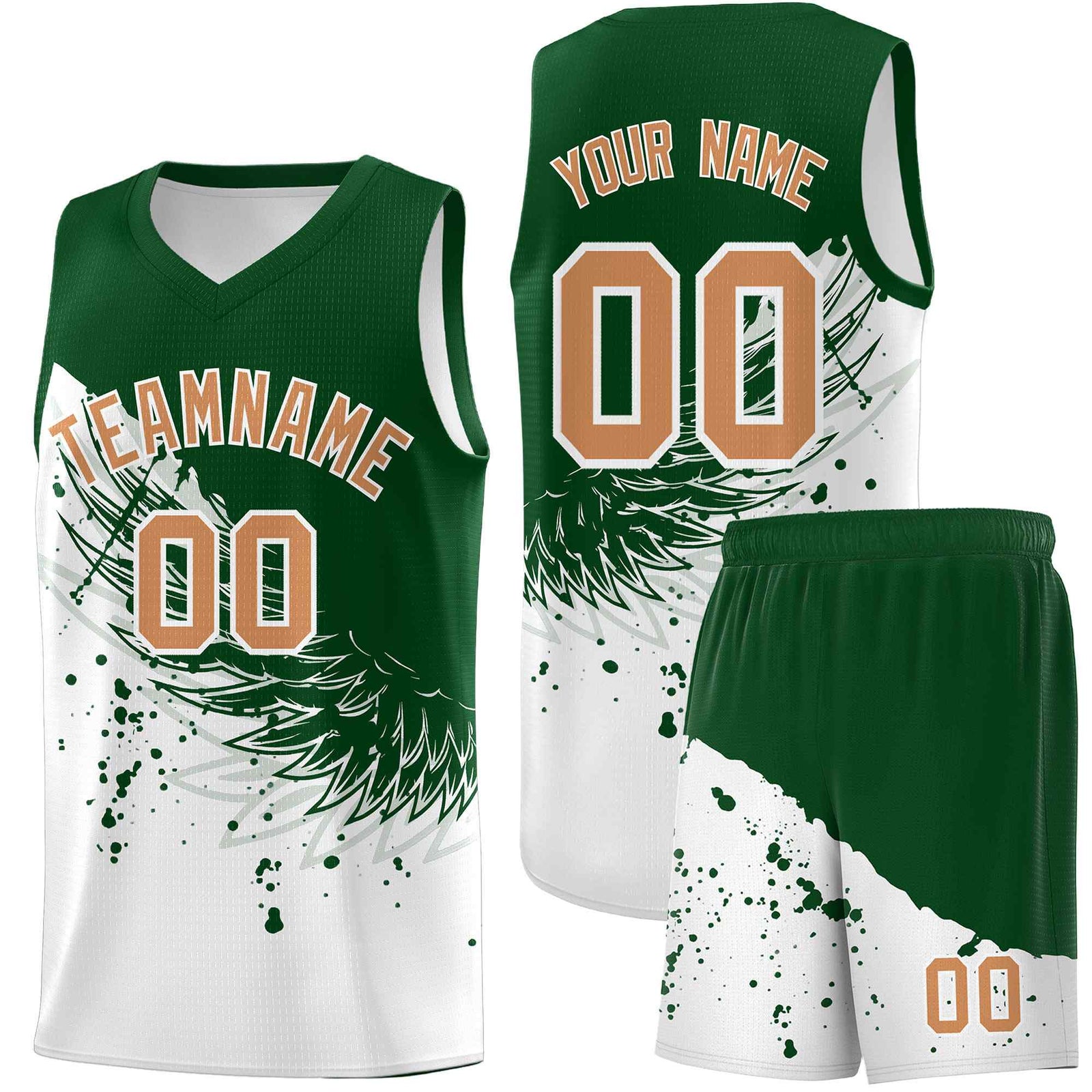 Custom White Green Wing Pattern Sports Uniform Basketball Jersey