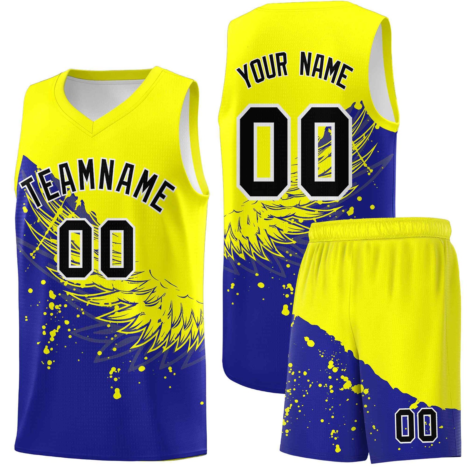 Custom Royal Fluorescent Yellow Wing Pattern Sports Uniform Basketball Jersey