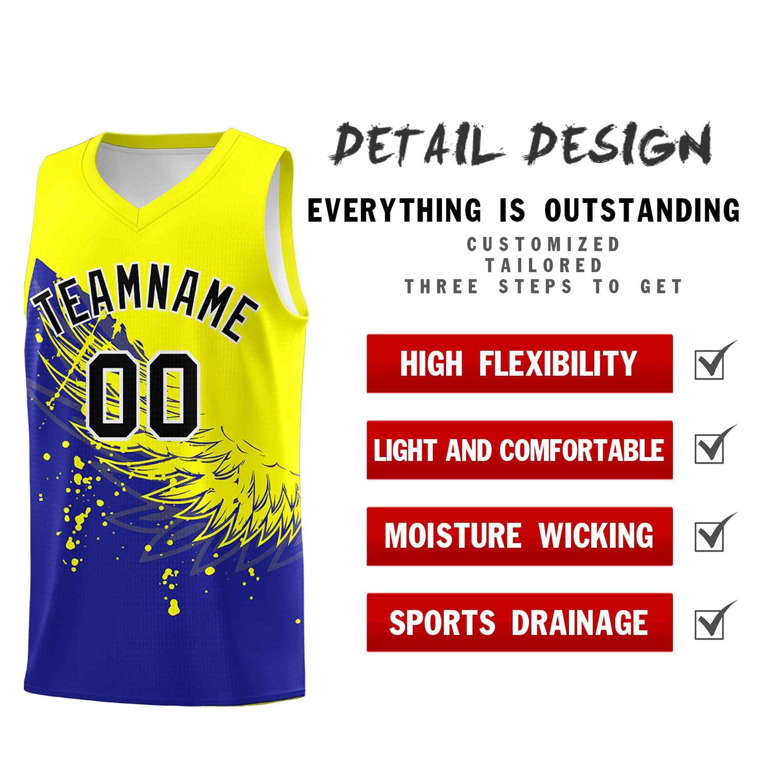 Custom Royal Fluorescent Yellow Wing Pattern Sports Uniform Basketball Jersey