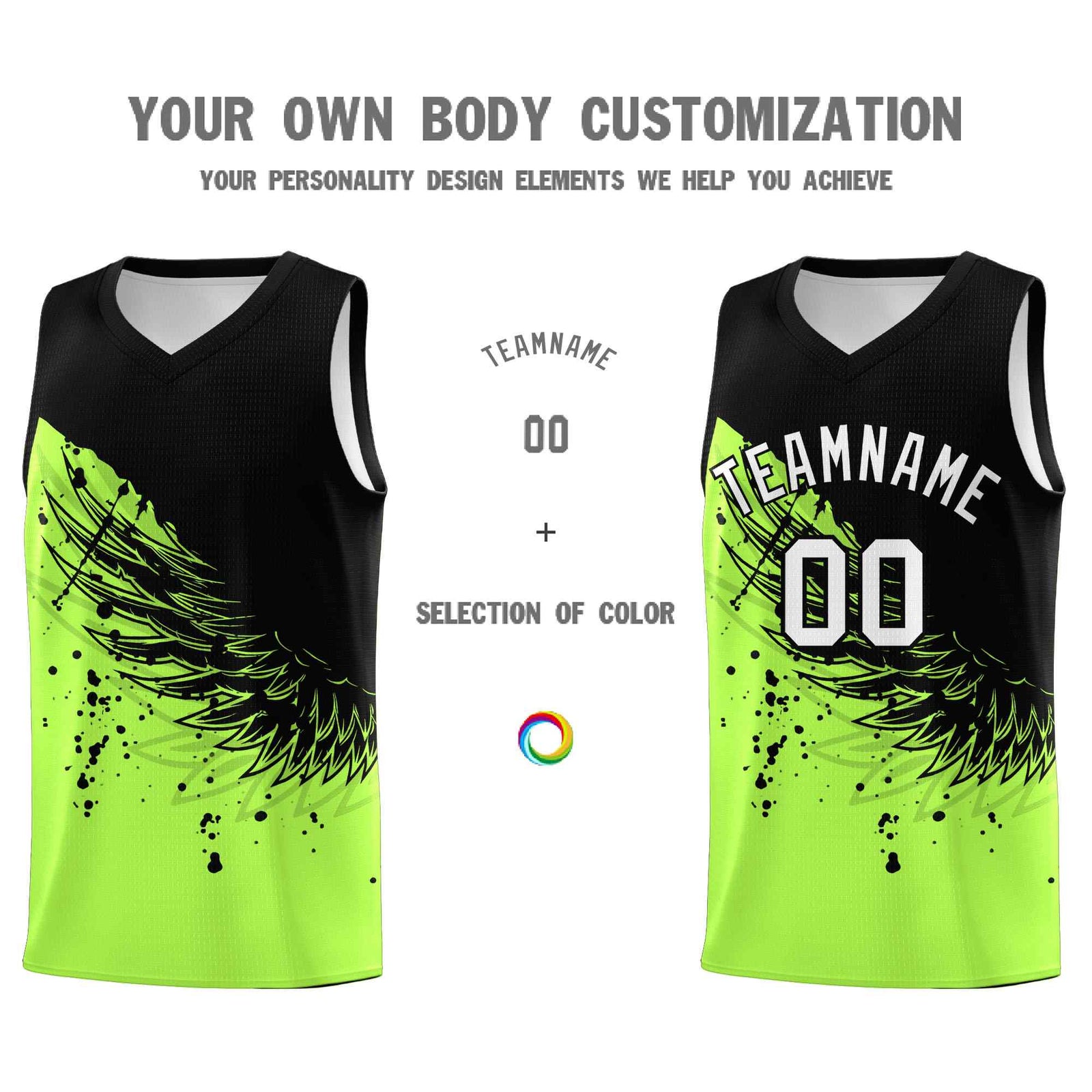 Custom Fluorescent Green Black Wing Pattern Sports Uniform Basketball Jersey