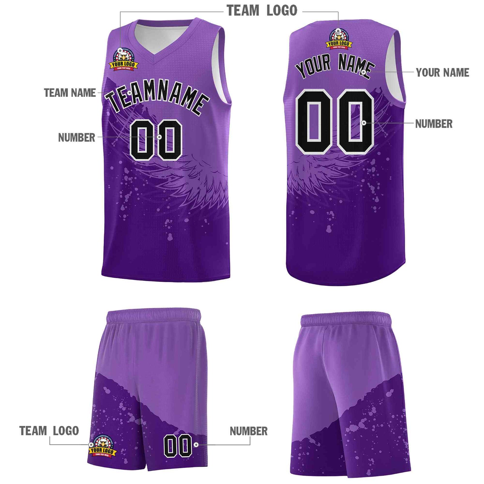 Custom Purple Light Purple Wing Pattern Sports Uniform Basketball Jersey