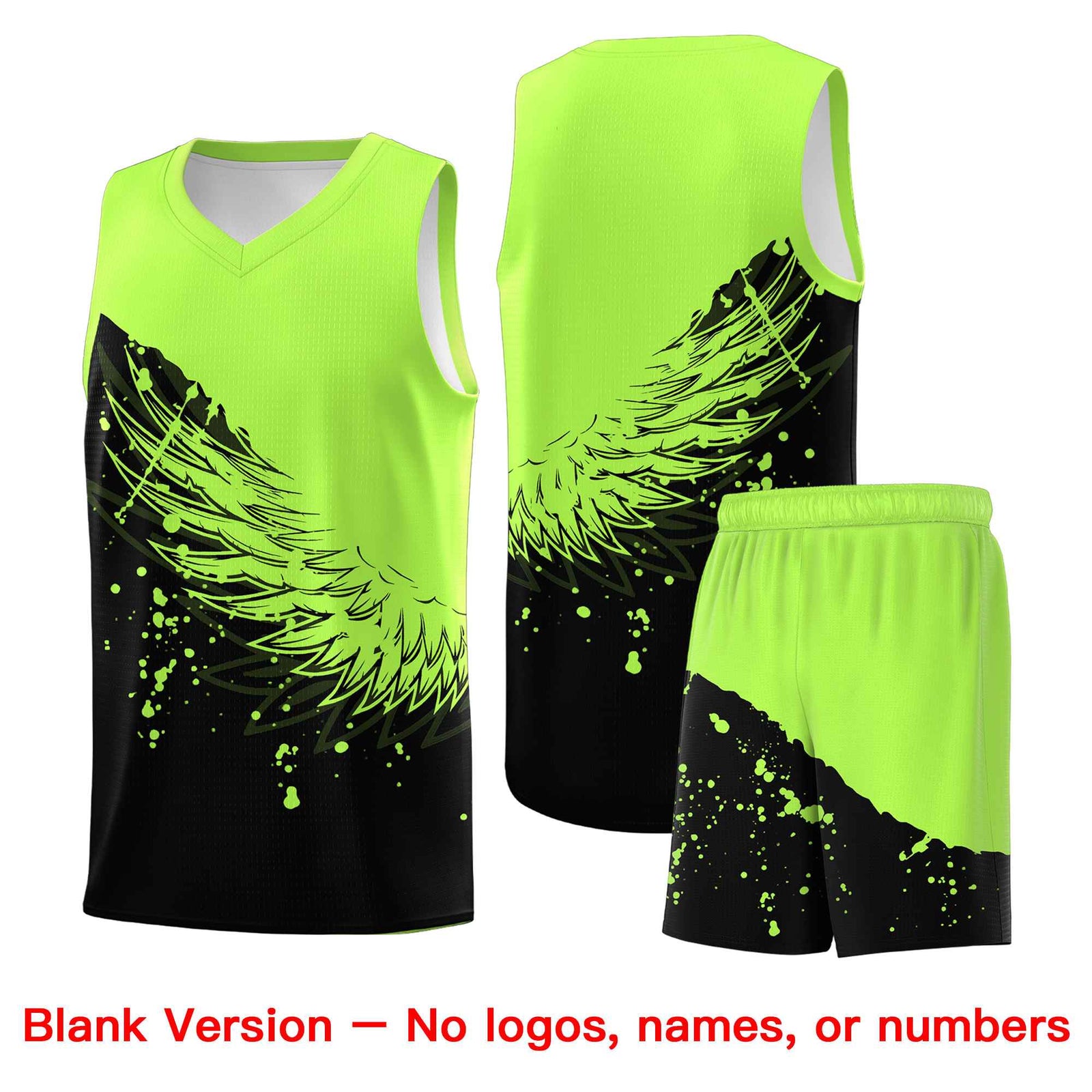 Custom Black Fluorescent Green Wing Pattern Sports Uniform Basketball Jersey