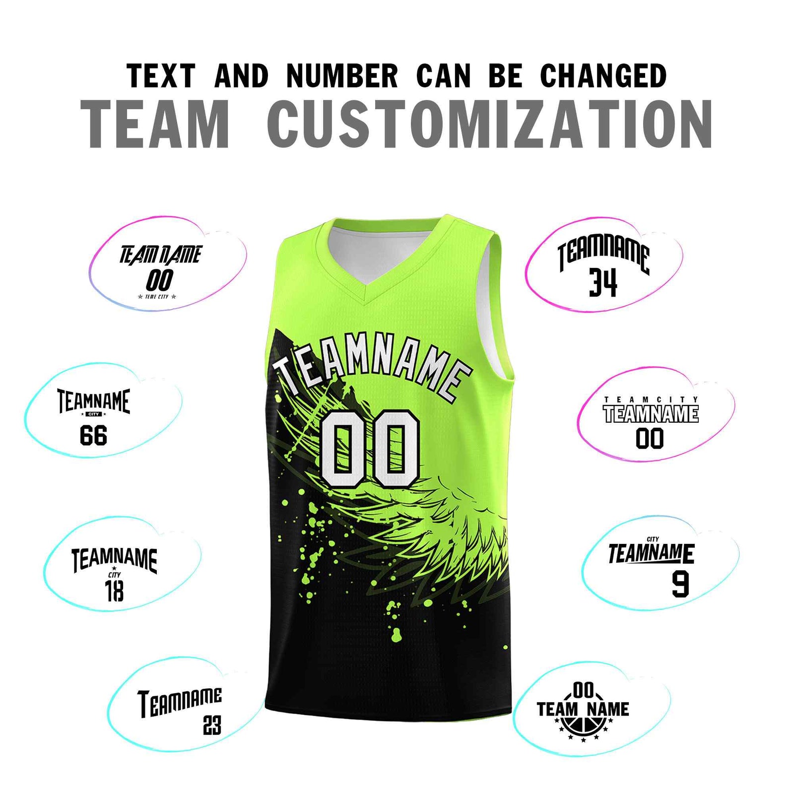 Custom Black Fluorescent Green Wing Pattern Sports Uniform Basketball Jersey
