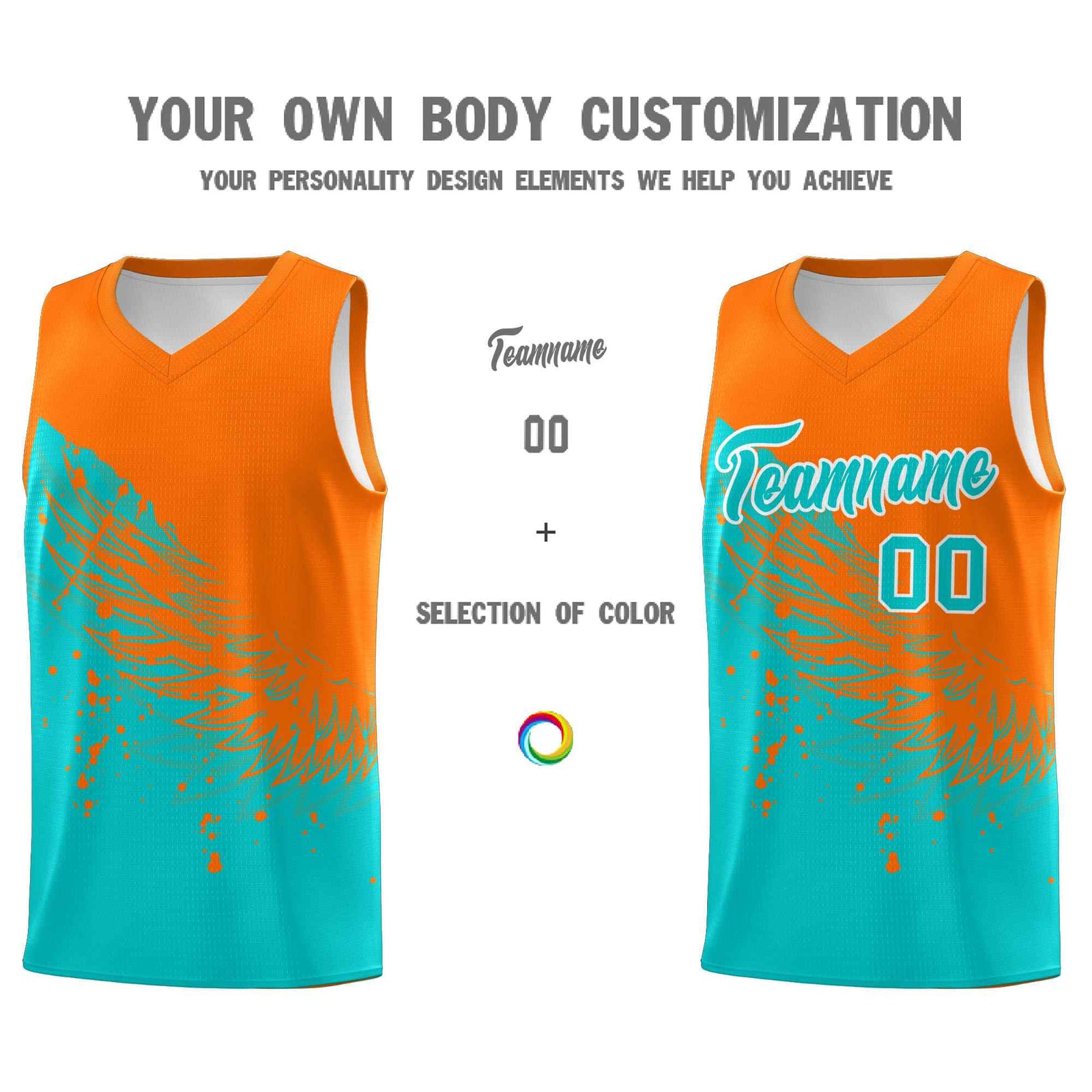 Custom Aqua Orange Wing Pattern Sports Uniform Basketball Jersey