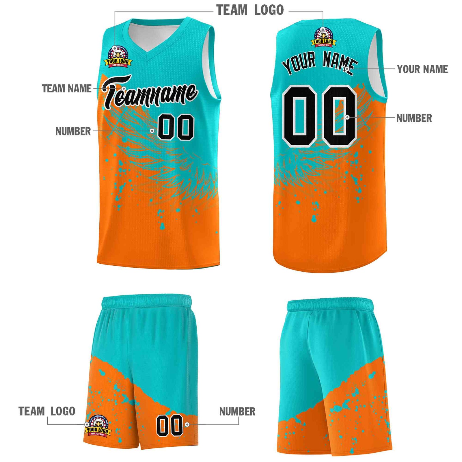 Custom Orange Aqua Wing Pattern Sports Uniform Basketball Jersey