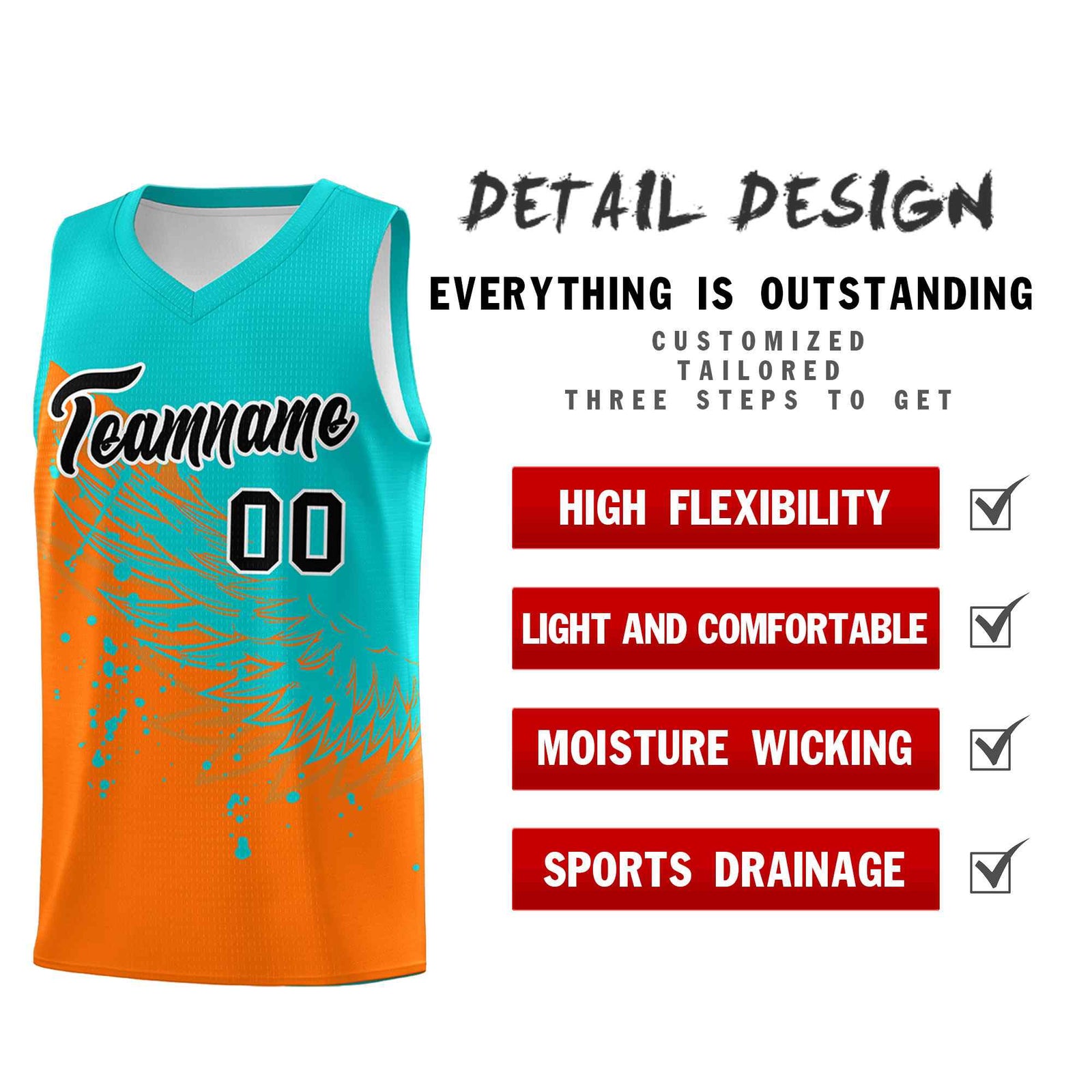 Custom Orange Aqua Wing Pattern Sports Uniform Basketball Jersey