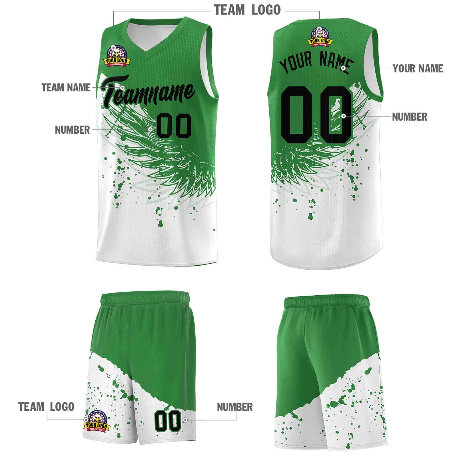 Custom White Kelly Green Wing Pattern Sports Uniform Basketball Jersey
