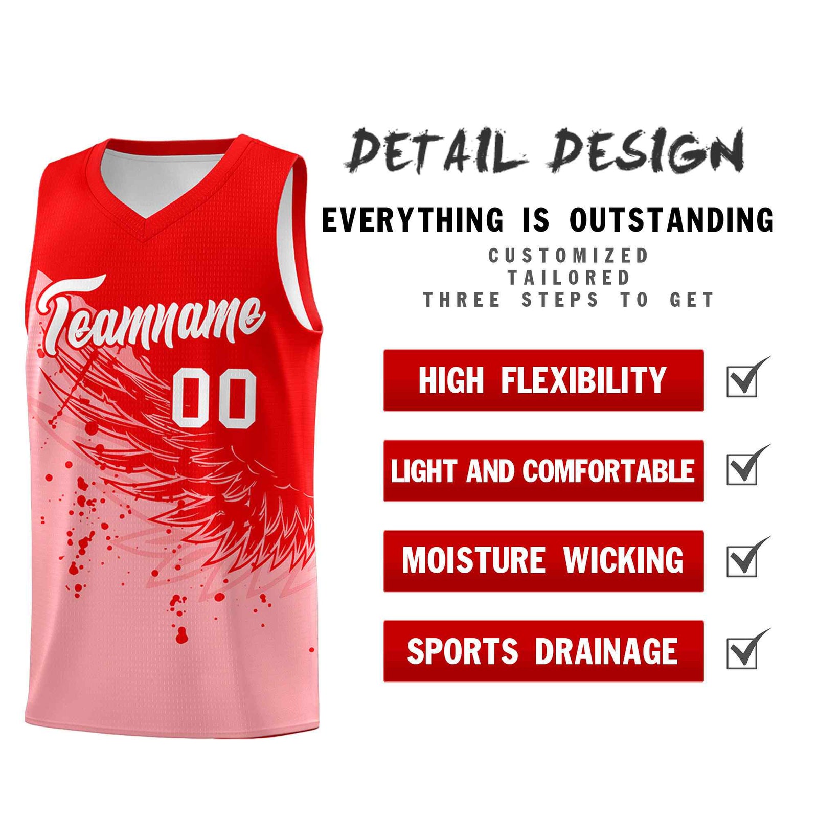 Custom Light Pink Light Red Wing Pattern Sports Uniform Basketball Jersey