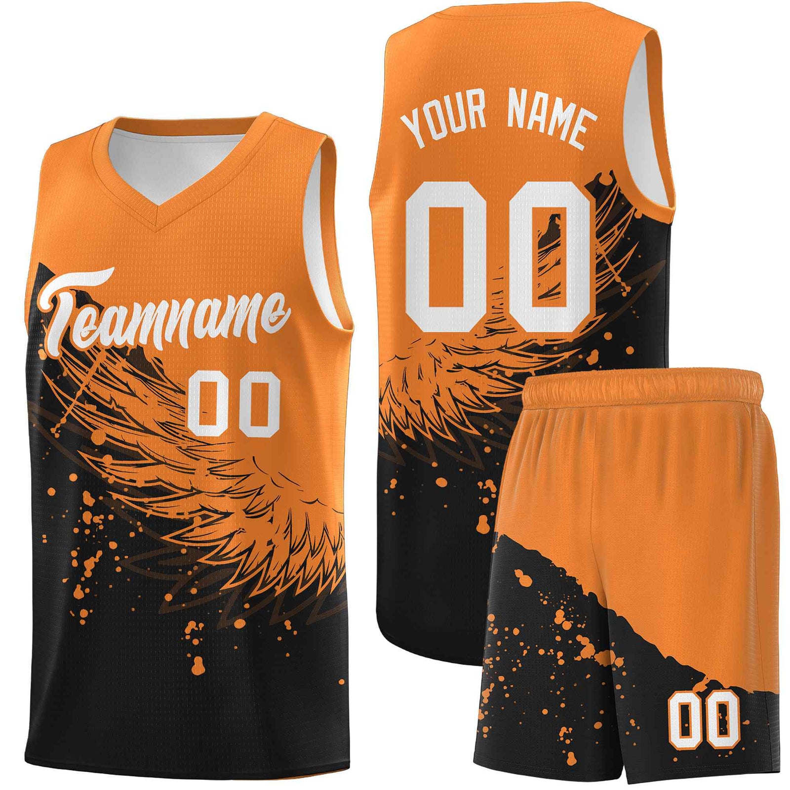 Custom Black Gold Orange Wing Pattern Sports Uniform Basketball Jersey