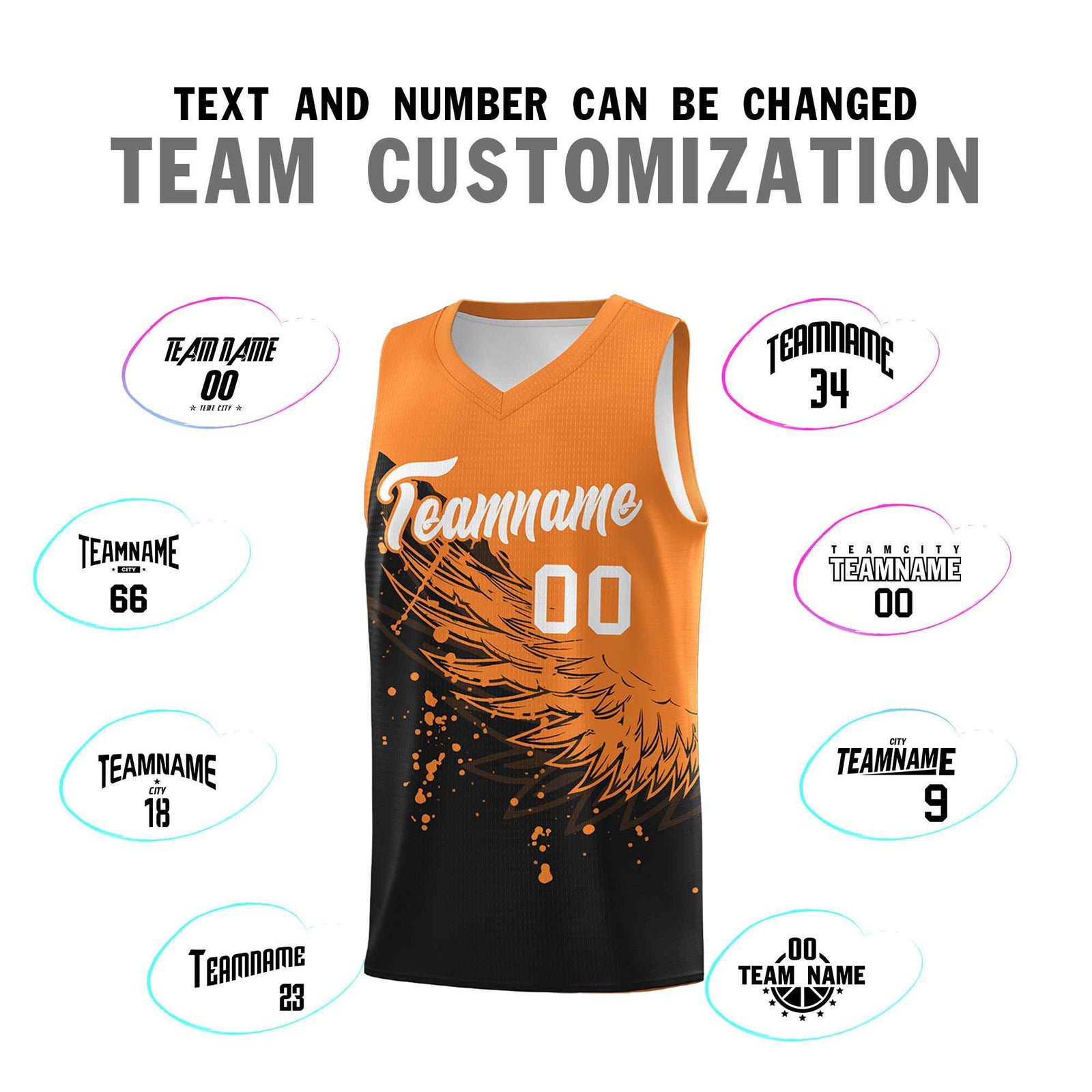 Custom Black Gold Orange Wing Pattern Sports Uniform Basketball Jersey