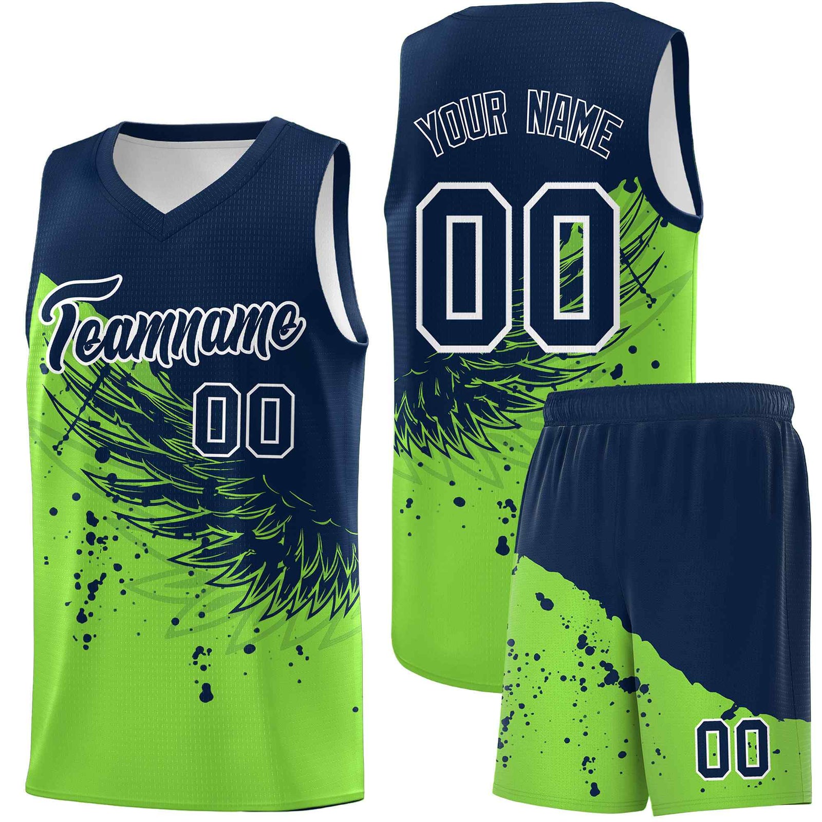 Custom Fluorescent Green Navy Wing Pattern Sports Uniform Basketball Jersey