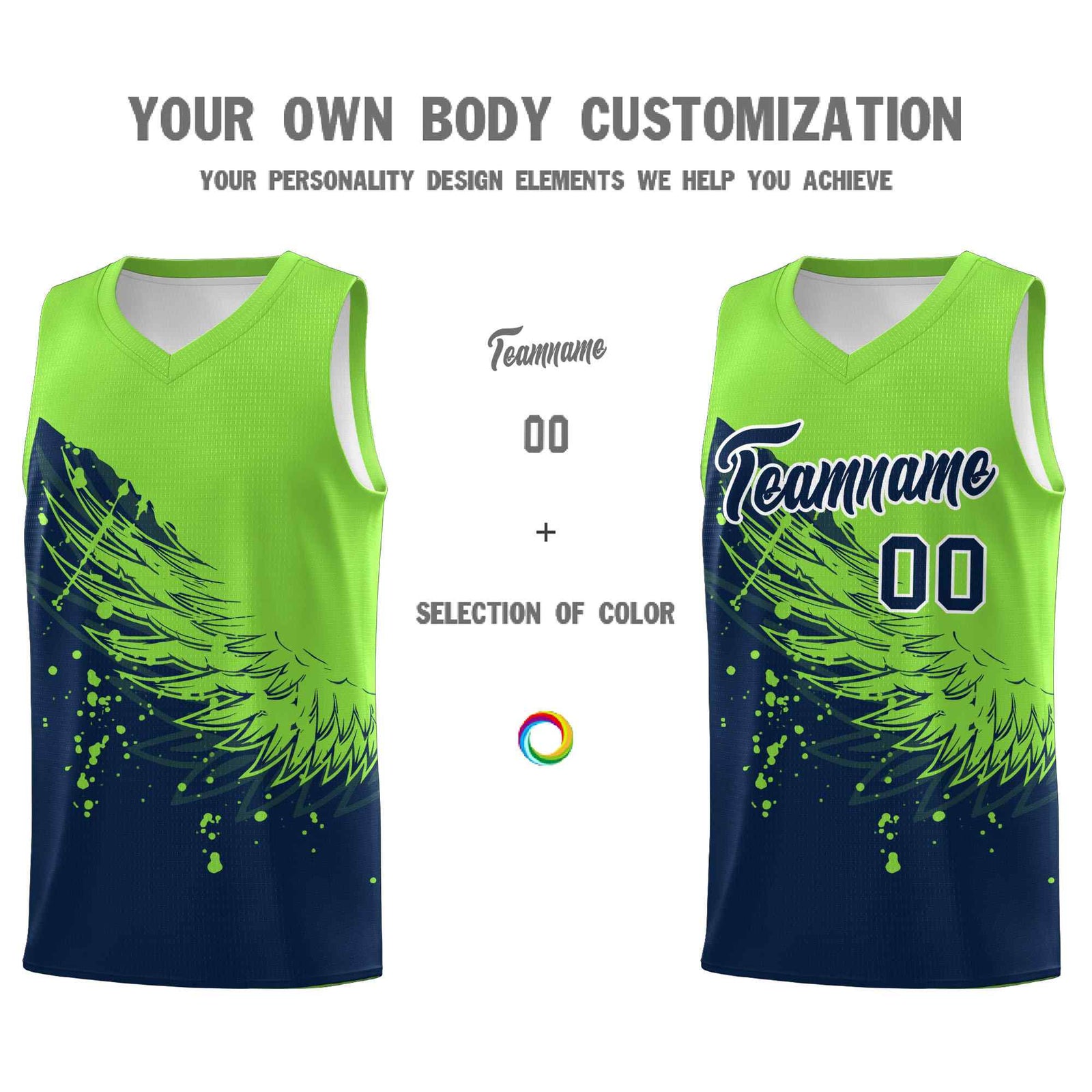 Custom Navy Fluorescent Green Wing Pattern Sports Uniform Basketball Jersey
