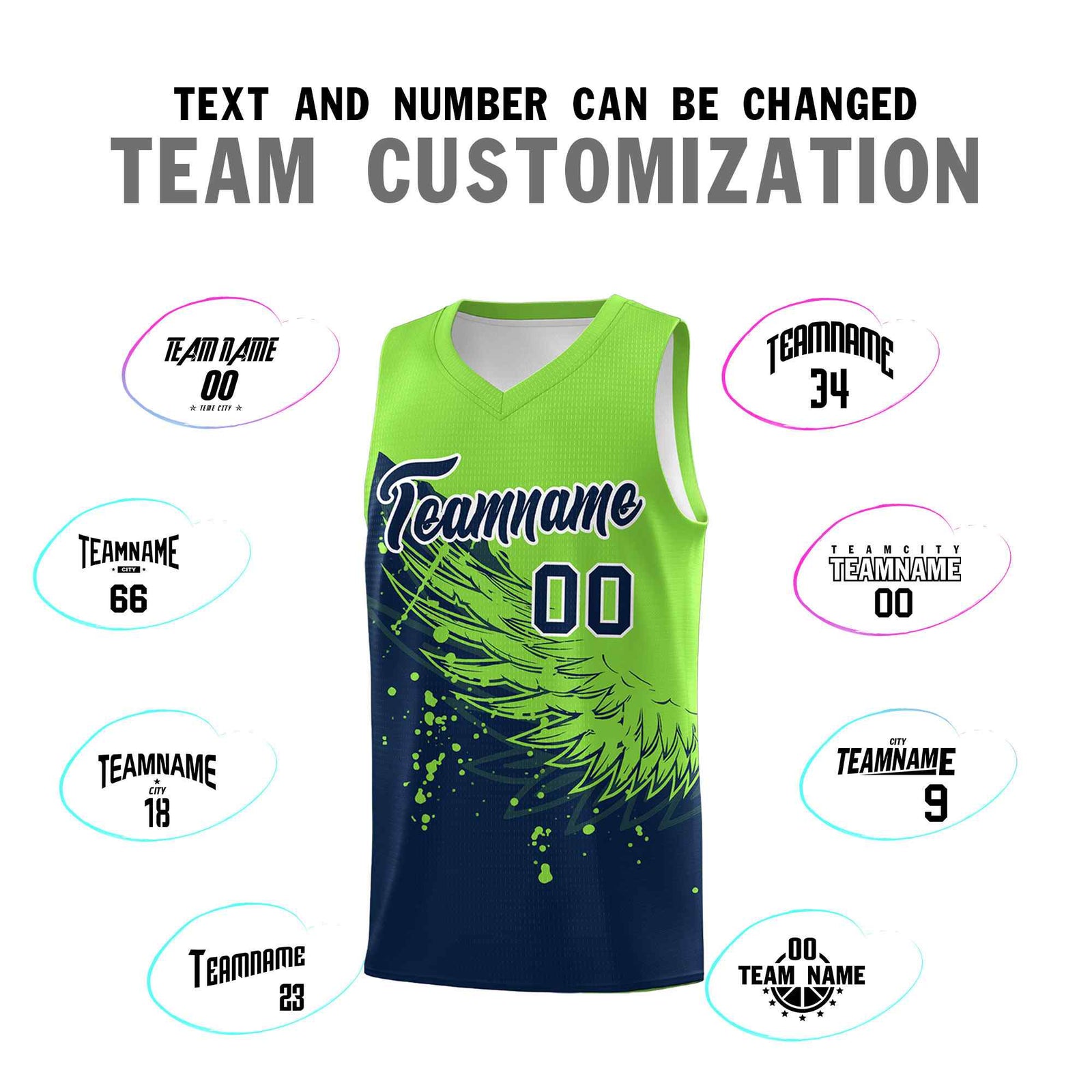 Custom Navy Fluorescent Green Wing Pattern Sports Uniform Basketball Jersey