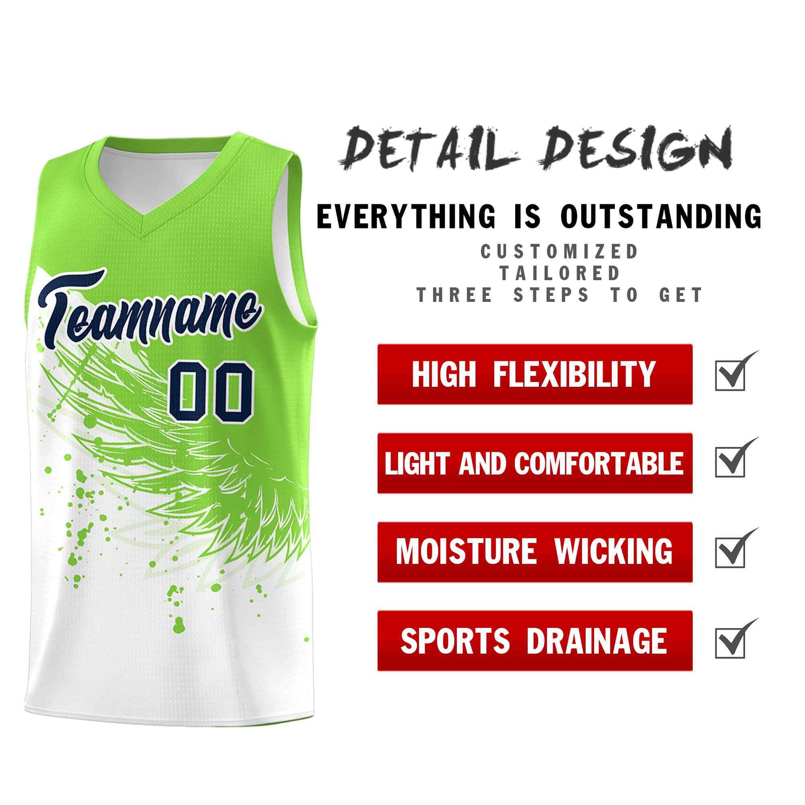 Custom White Fluorescent Green Wing Pattern Sports Uniform Basketball Jersey