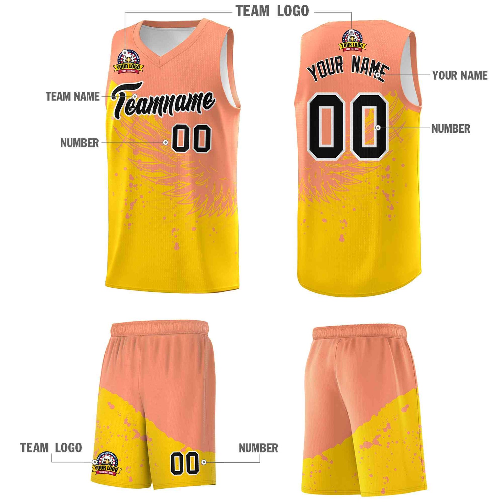 Custom Gold Light Orange Wing Pattern Sports Uniform Basketball Jersey