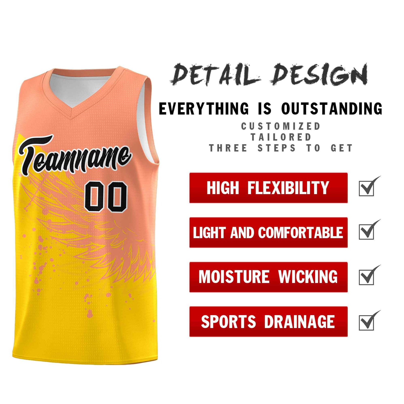 Custom Gold Light Orange Wing Pattern Sports Uniform Basketball Jersey