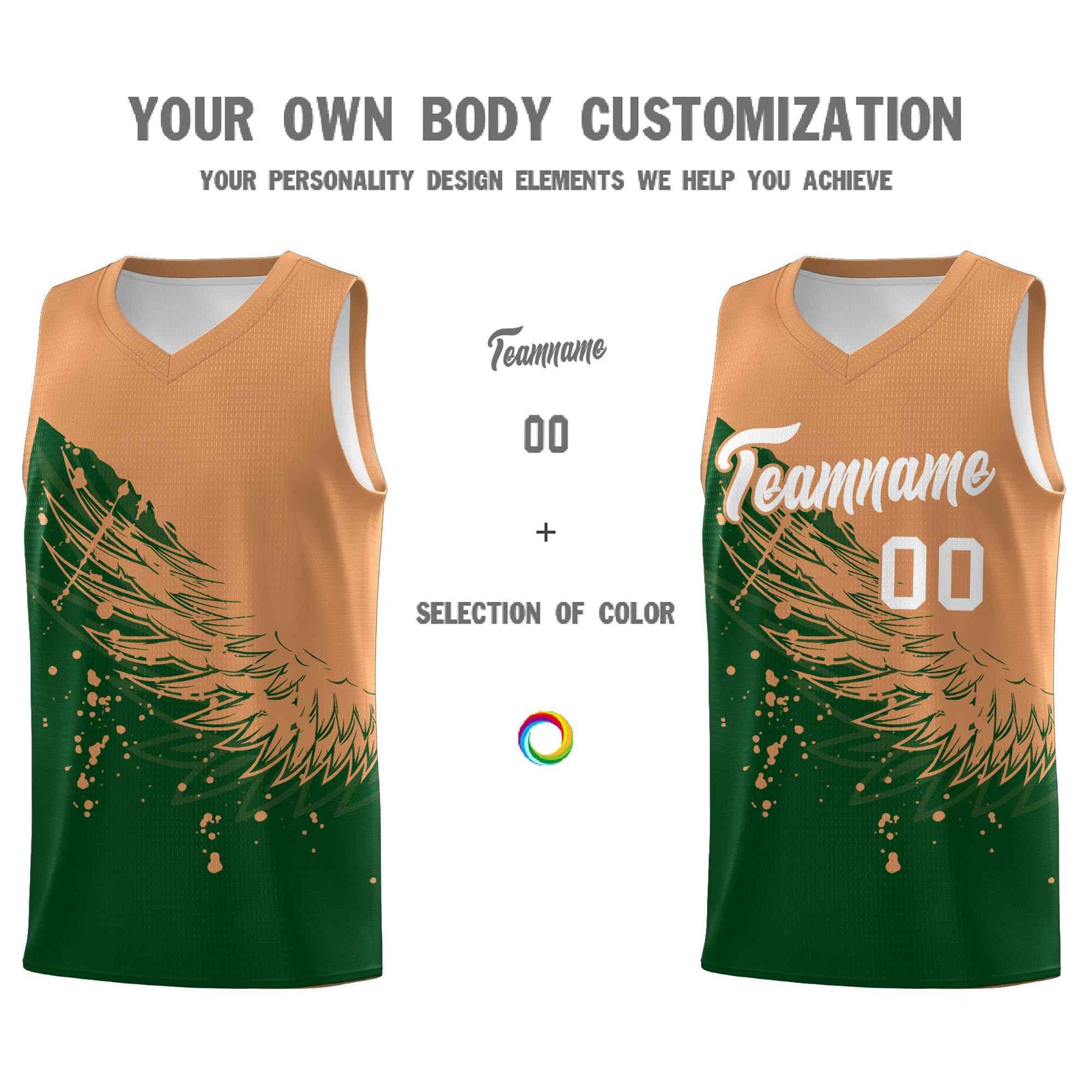 Custom Green Buckskin Brown Wing Pattern Sports Uniform Basketball Jersey