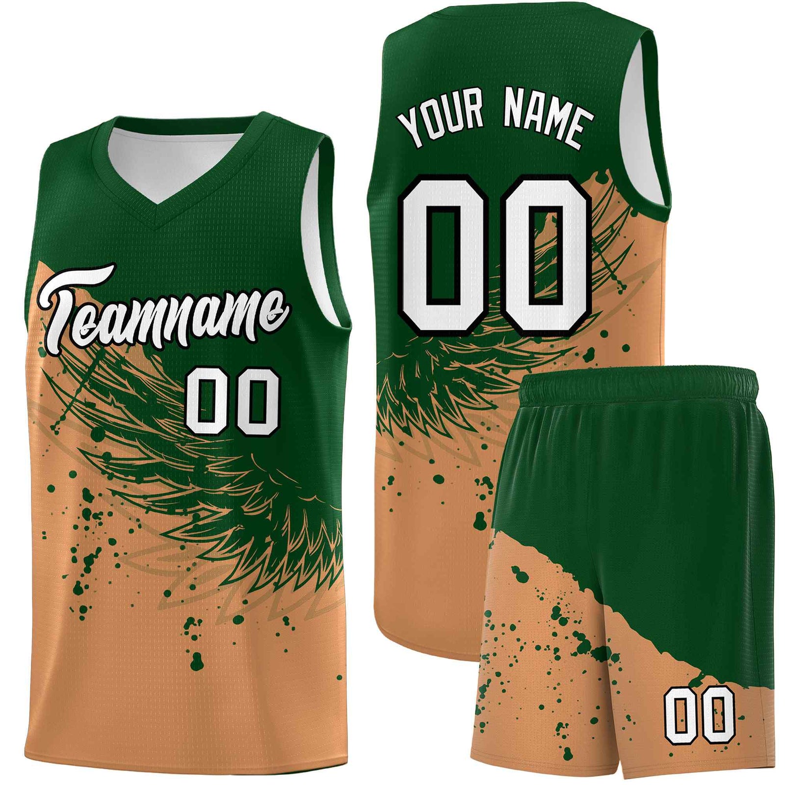 Custom Buckskin Brown Green Wing Pattern Sports Uniform Basketball Jersey