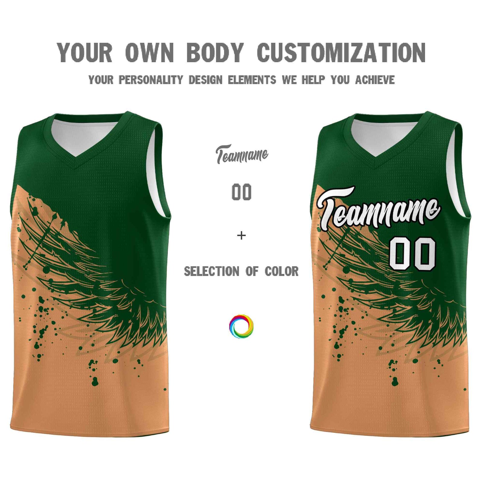 Custom Buckskin Brown Green Wing Pattern Sports Uniform Basketball Jersey
