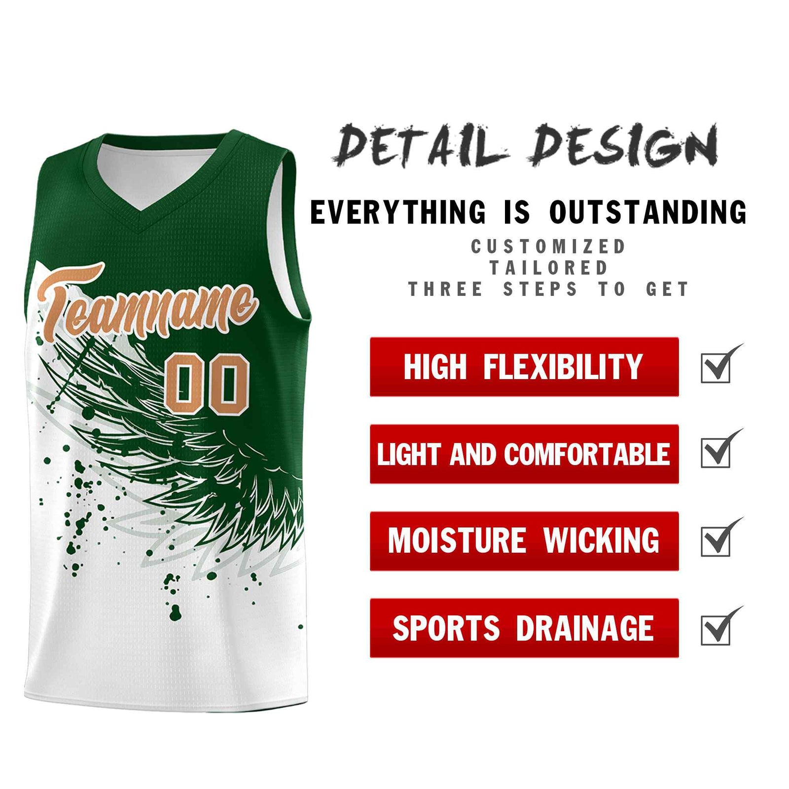 Custom White Green Wing Pattern Sports Uniform Basketball Jersey