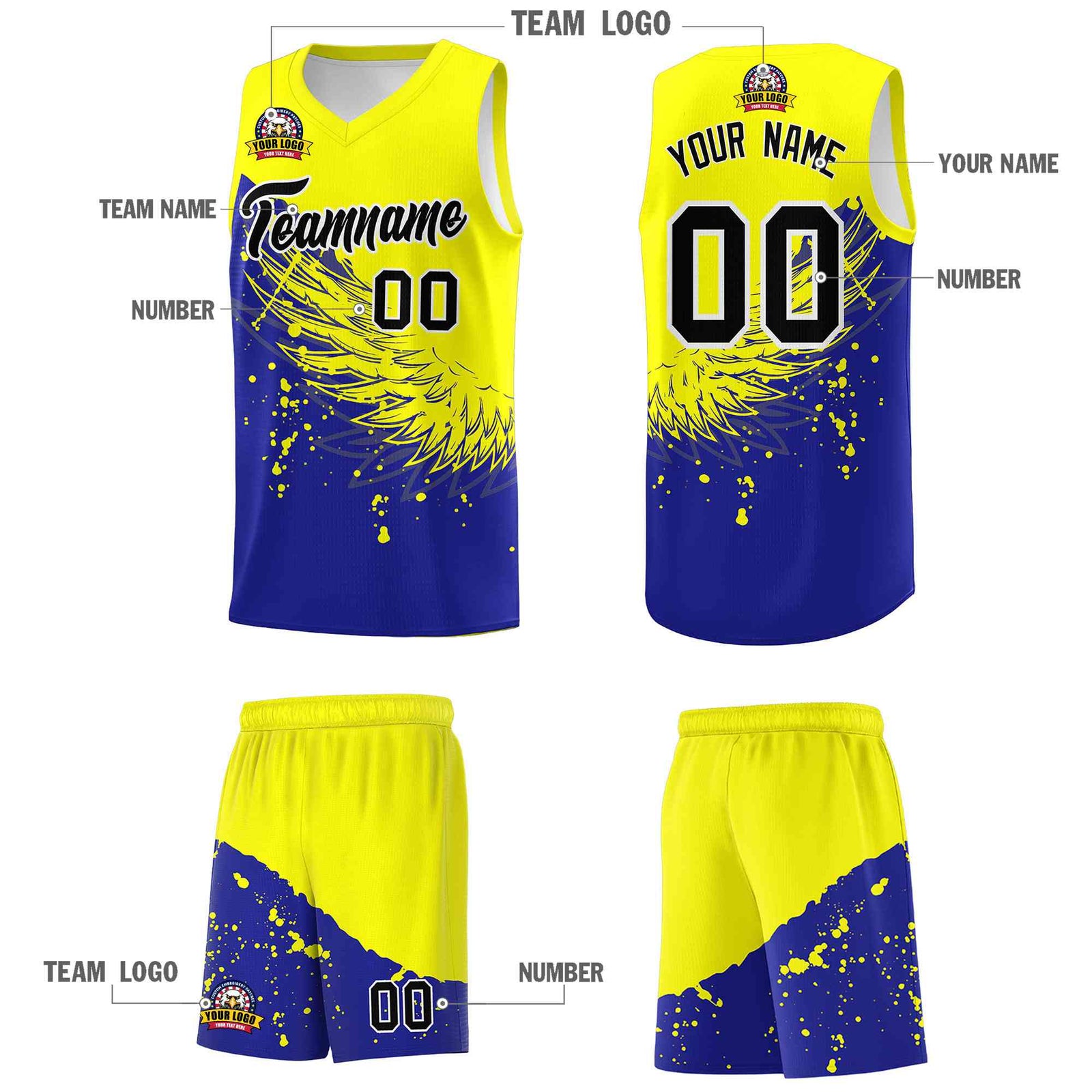 Custom Royal Fluorescent Yellow Wing Pattern Sports Uniform Basketball Jersey