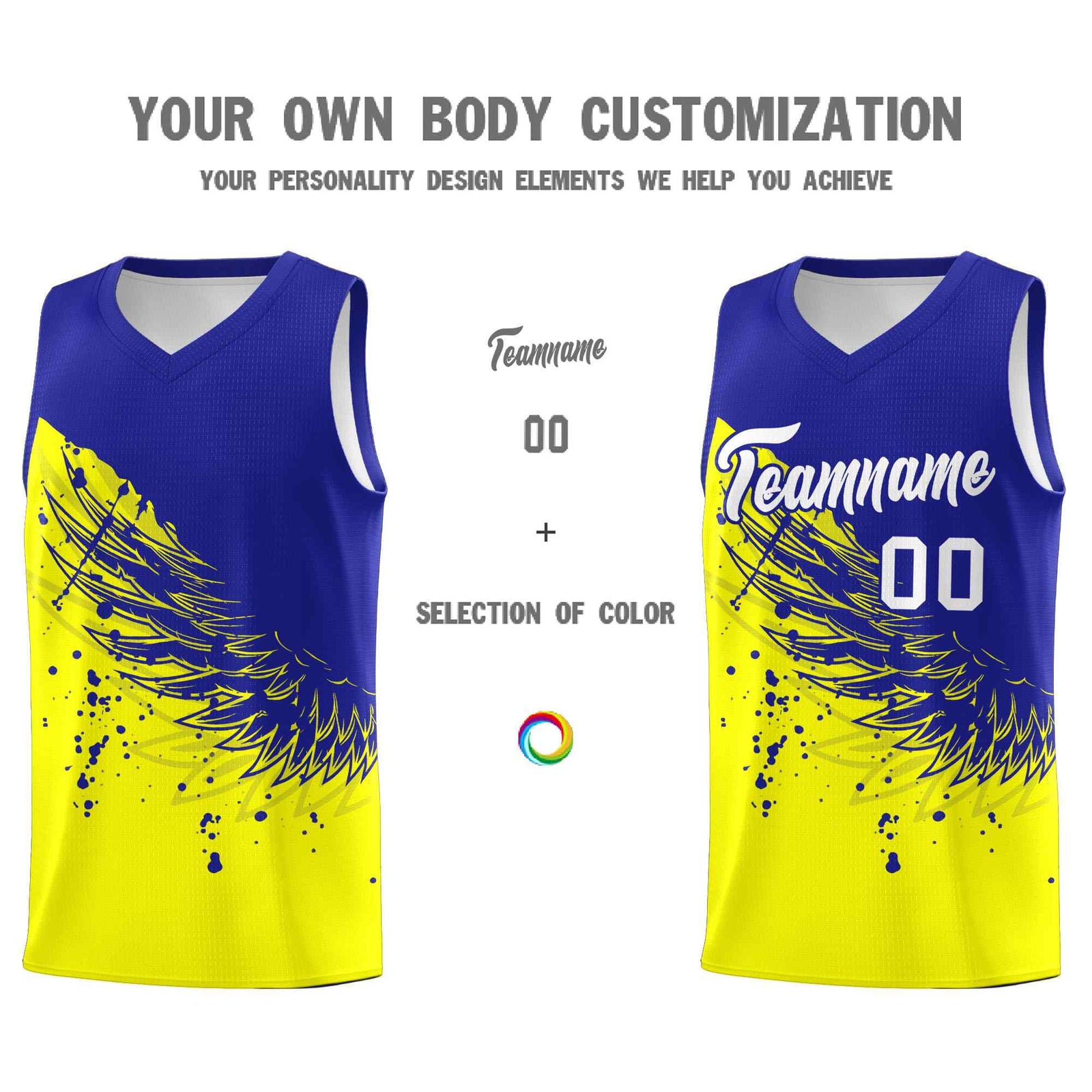 Custom Fluorescent Yellow Royal Wing Pattern Sports Uniform Basketball Jersey