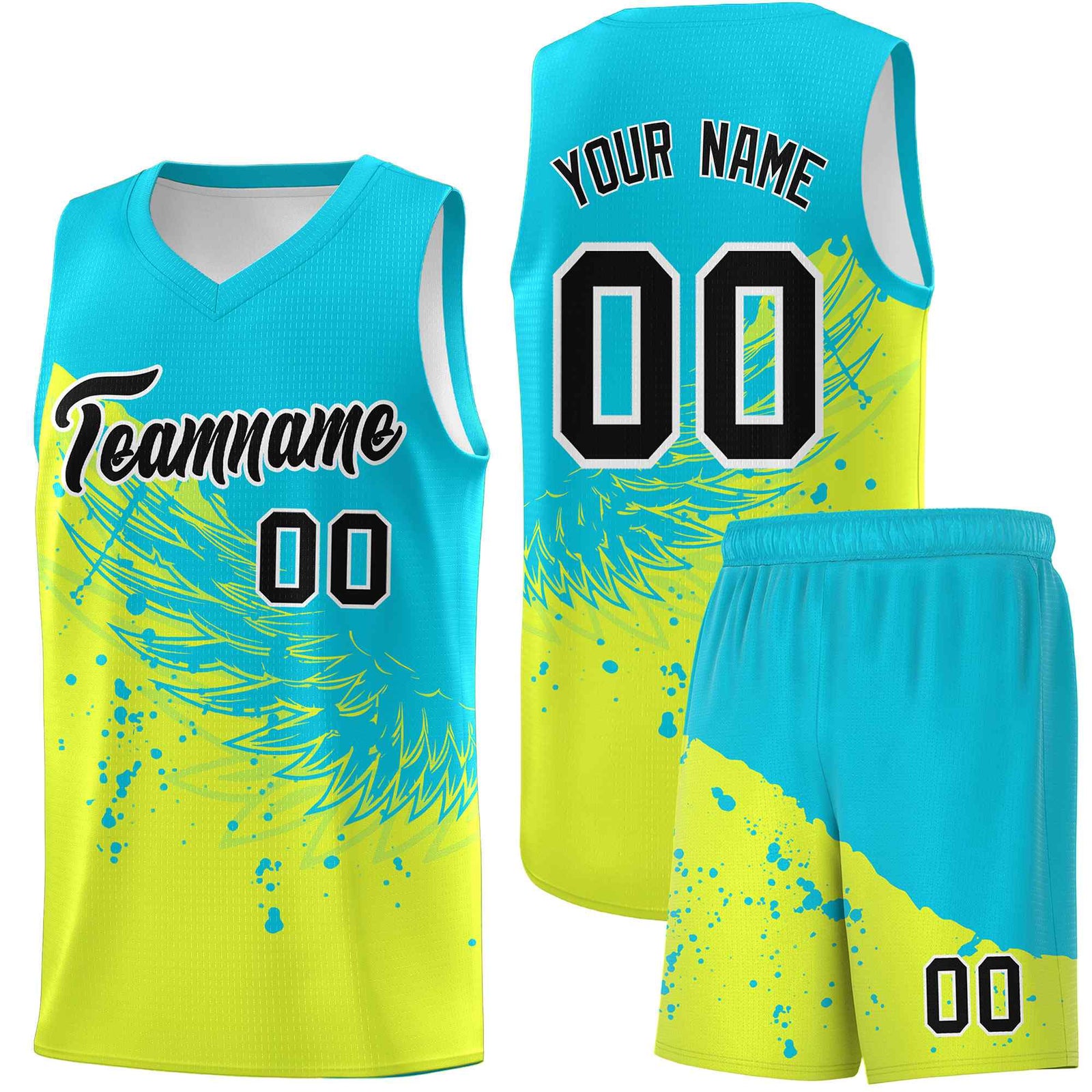 Custom Fluorescent Green Sky Blue Wing Pattern Sports Uniform Basketball Jersey