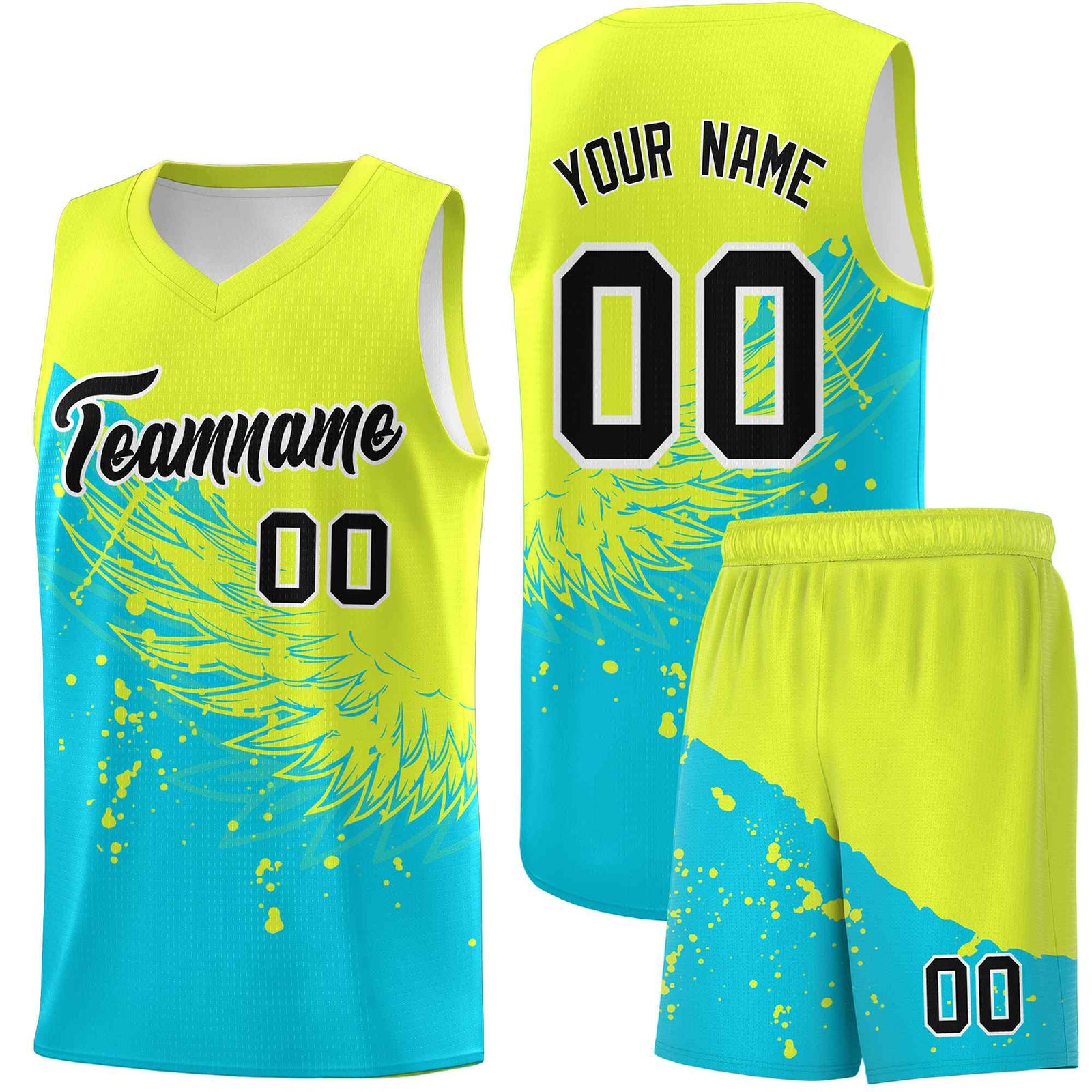 Custom Sky Blue Fluorescent Green Wing Pattern Sports Uniform Basketball Jersey